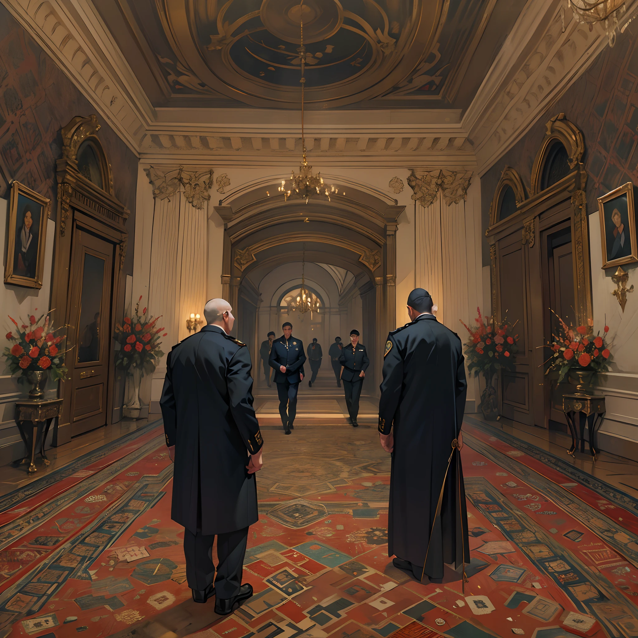 A tall man in a black suit stood at the entrance of the hall. His expression was cold and determined, his gaze sweeping over the police officers in the hall. The police officers approached him one by one, paying their respects. The hall was luxuriously decorated, with paintings hanging on the walls and a magnificent carpet laid on the floor.