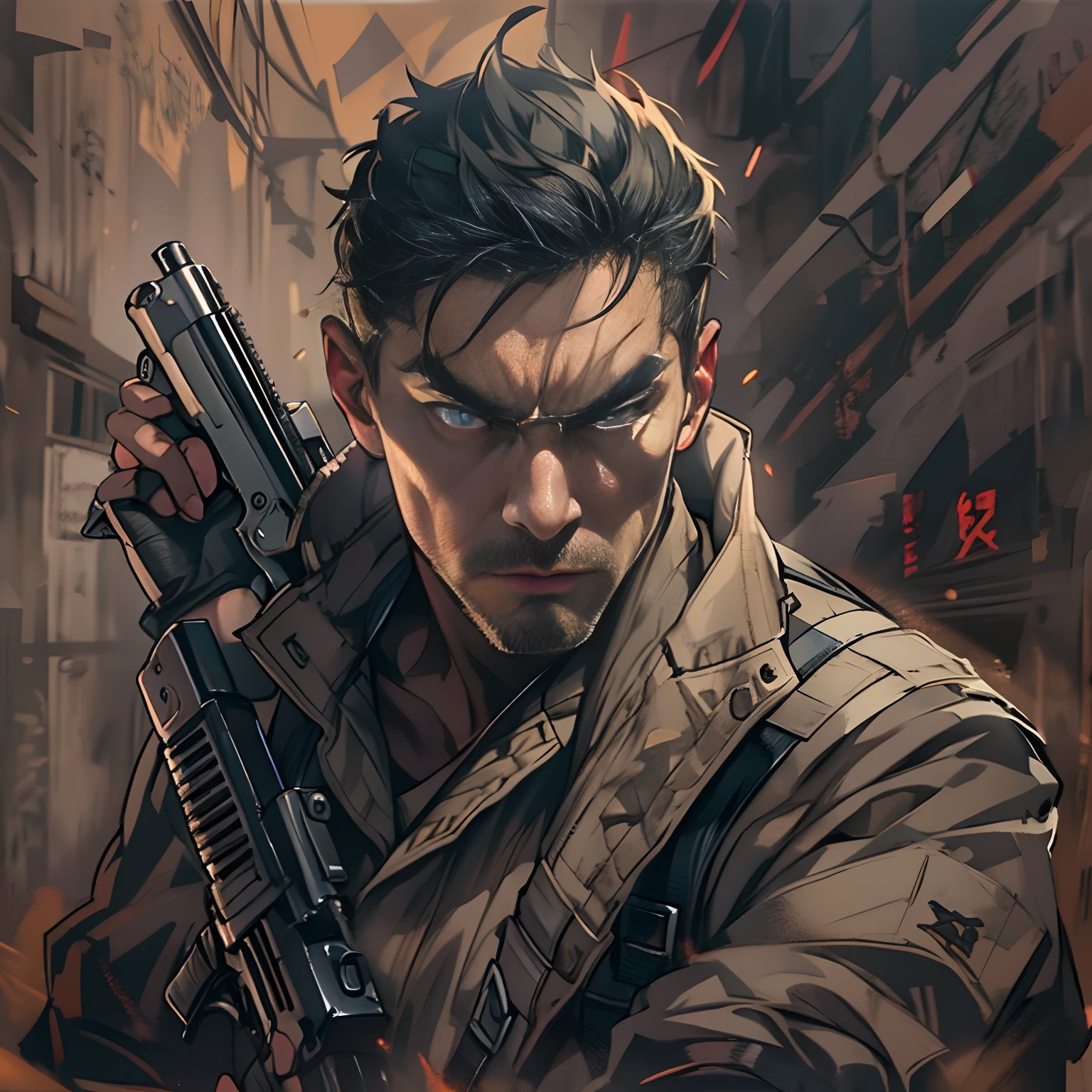 A stern-looking man with a fierce expression on his brow, quickly drawing a gun and aiming it at me in a tense scene with dim lighting and shadows of weapons on the walls, ,in the style of the stars art group xing xing, 32k, best quality, masterpiece, super detail, high details
