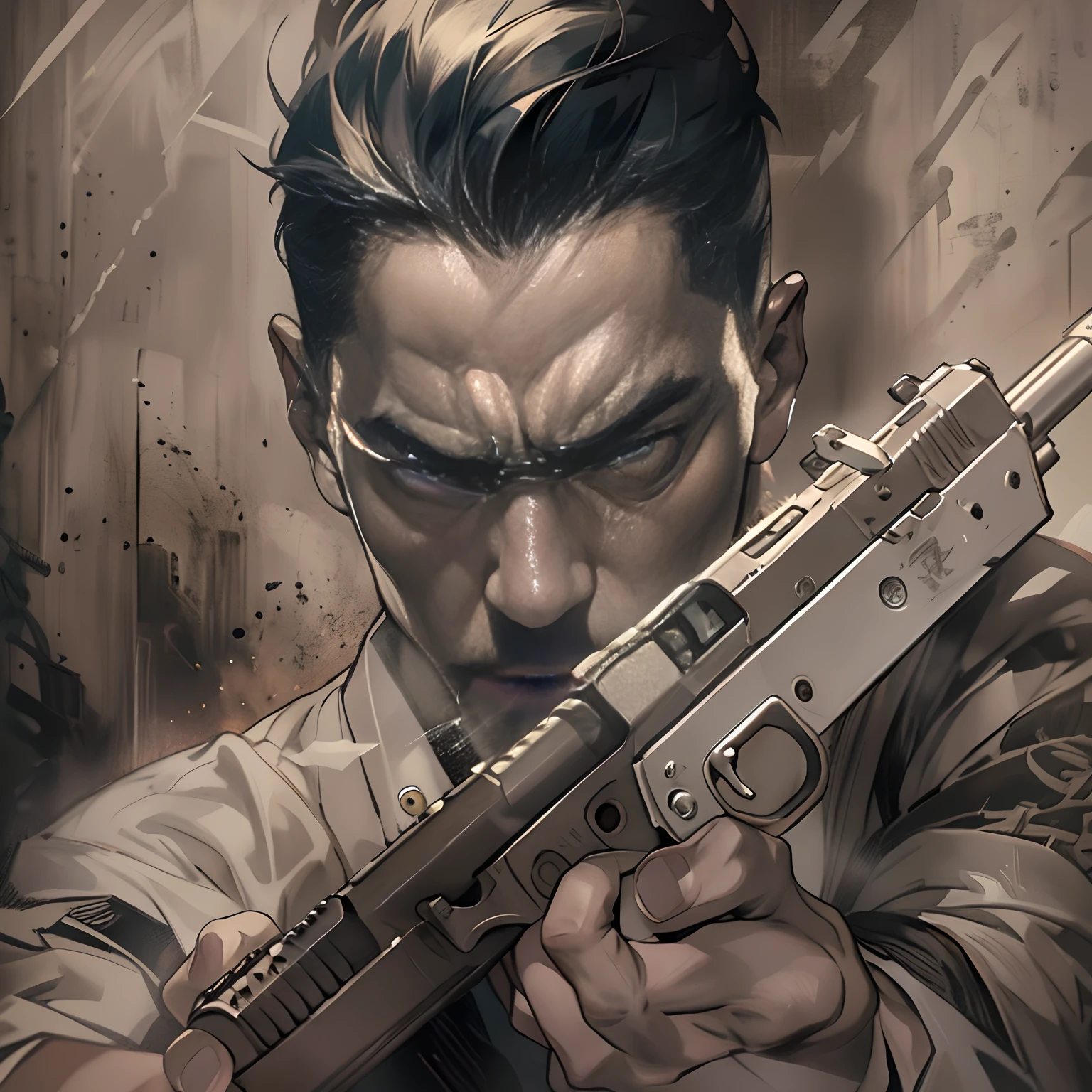 A stern-looking man with a fierce expression on his brow, quickly drawing a gun and aiming it at me in a tense scene with dim lighting and shadows of weapons on the walls, ,in the style of the stars art group xing xing, 32k, best quality, masterpiece, super detail, high details