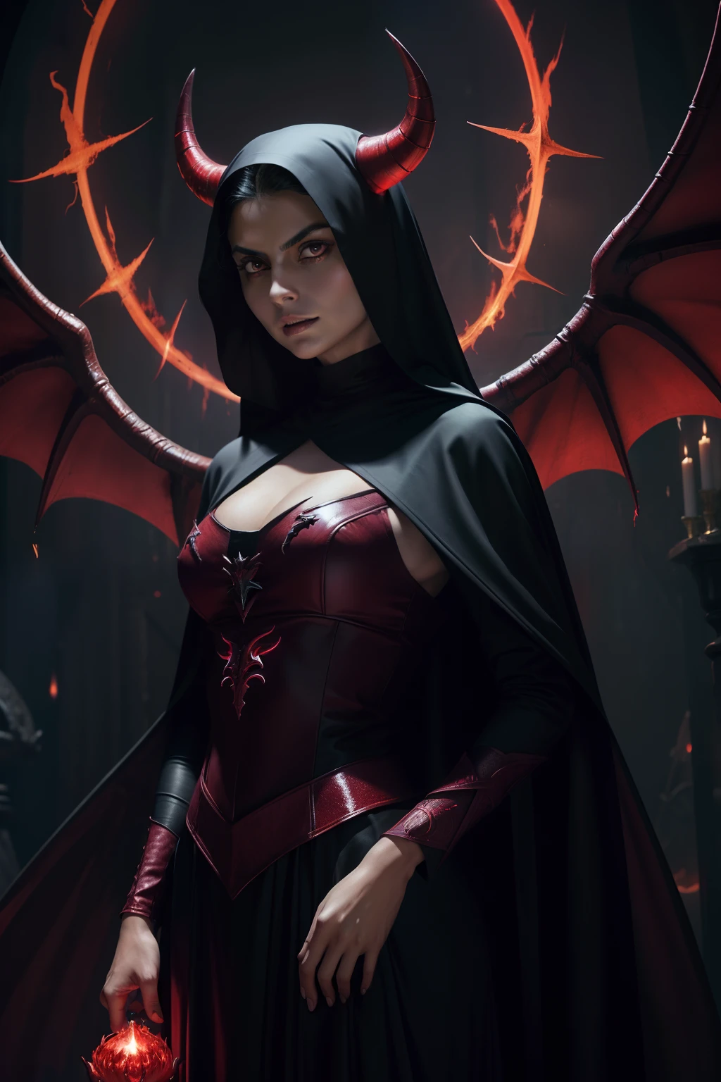 Morena Baccarin : The evil nun, Demon horn, Demon wings on the head , an evil red glow emanating from her, his hands preparing a purple ball of fire, diabolique, insidieux, Context of the Satanic Church