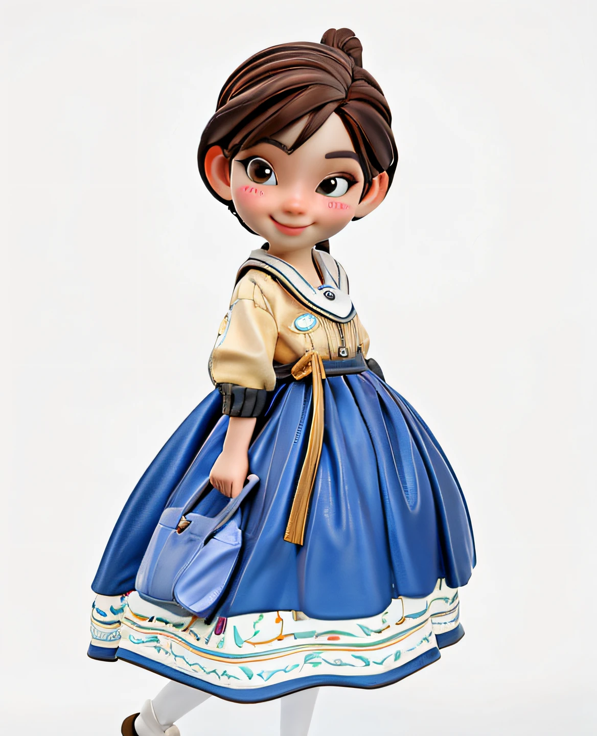 （best qualtiy，8K，32K，tmasterpiece，hyper HD：1.2），woman，With a smile，Gray-brown hair，Light yellow top，Blue skirt，Rich background