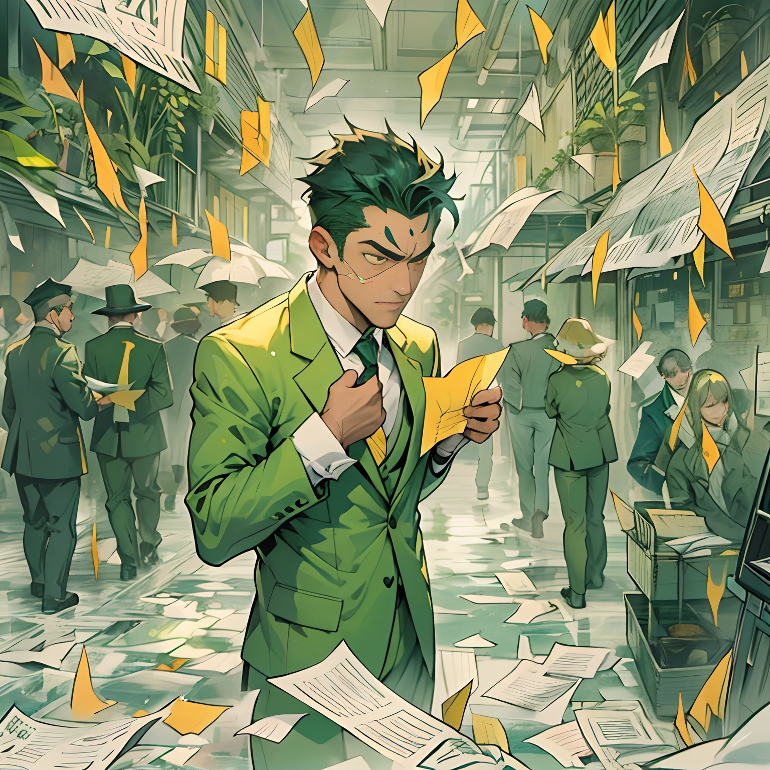 One frowned,Man in a green suit, Questioned in an icy and sharp voice, Tear off the yellow strip of paper on your forehead.