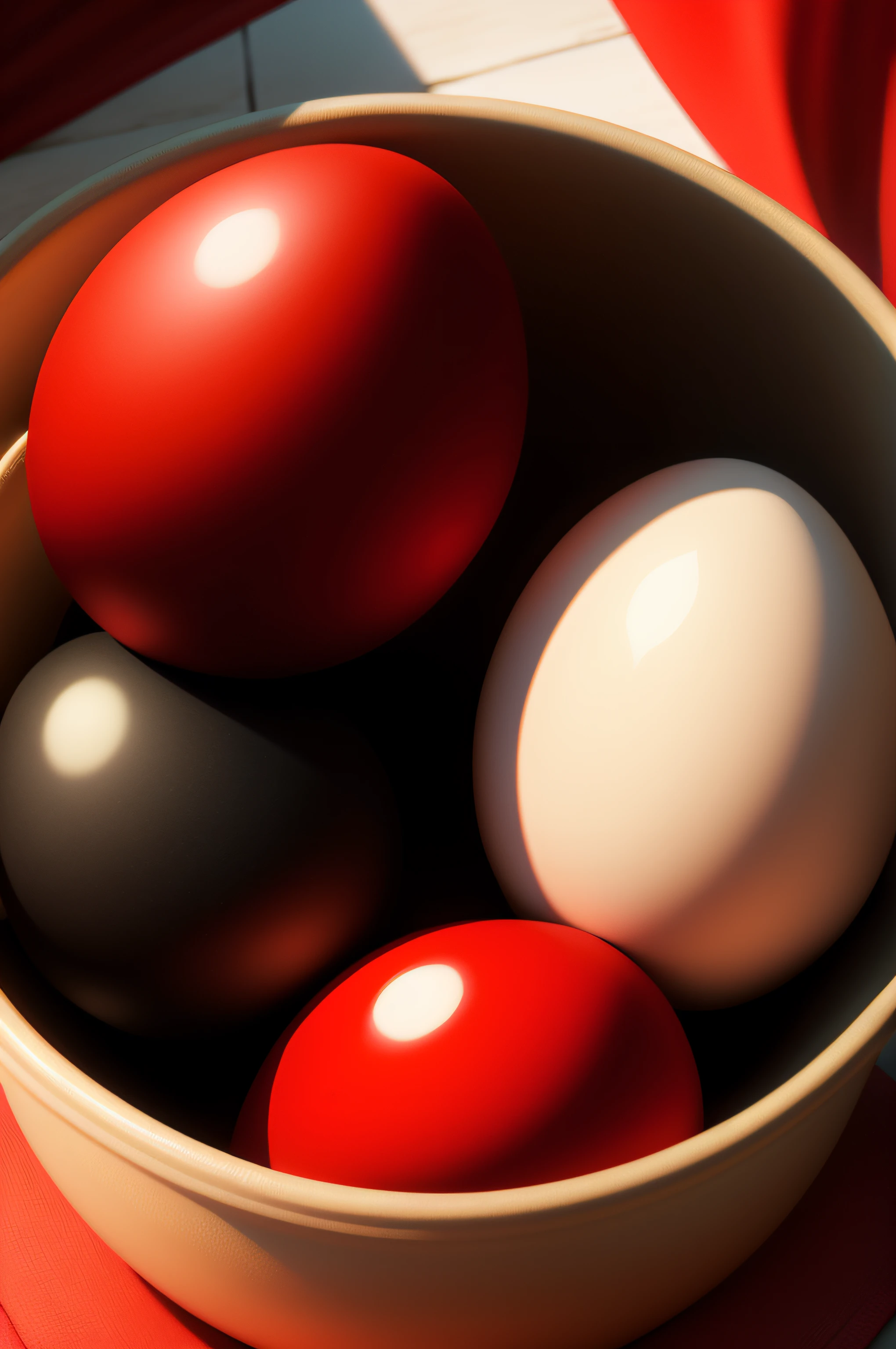 Eggs under the red flag， cubismo，ultra-realistic realism， abstracted，red colour，Two，One big and one small