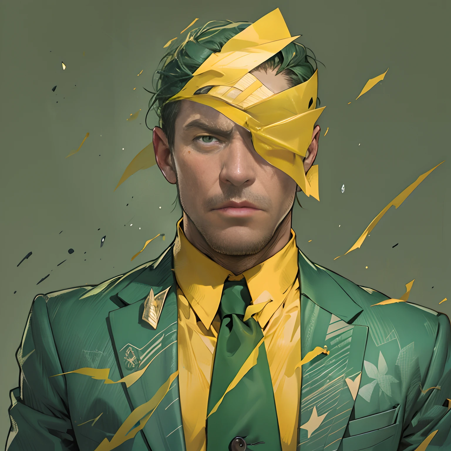 One frowned,Man in a green suit, Questioned in an icy and sharp voice, Tear off the yellow strip of paper on your forehead.