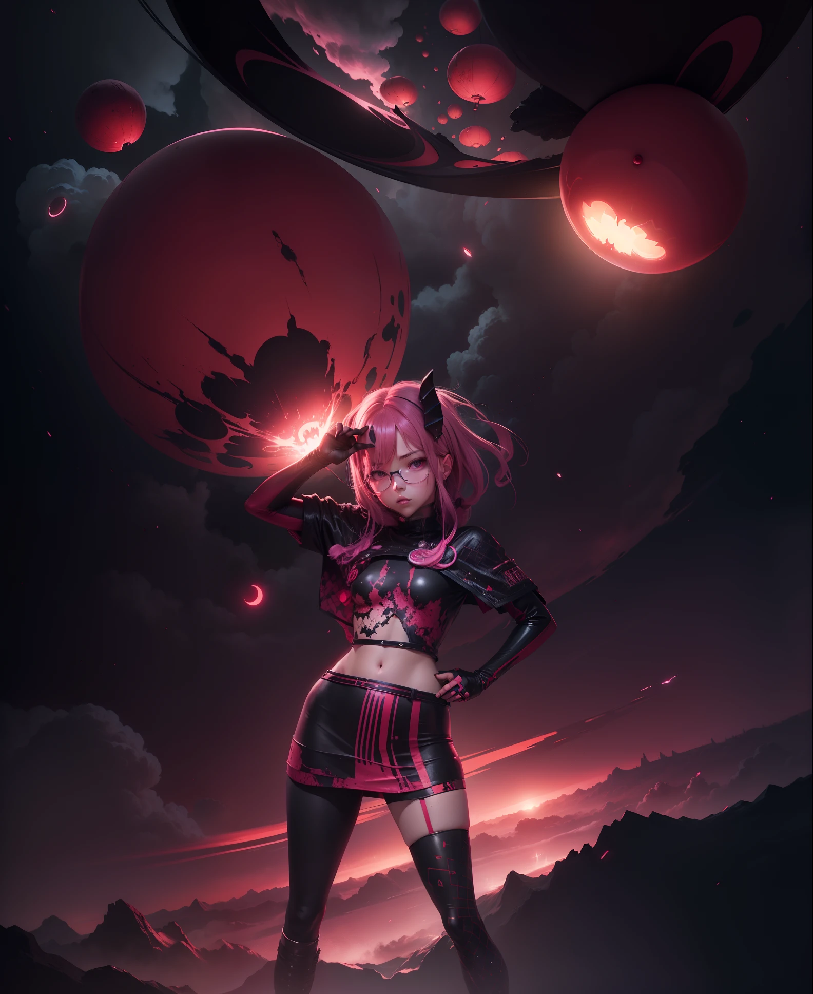 1 succubu girl, white skin, darkpink hair, black, blood red, bordo color, burgundy colors, cinnamon colors, crimson red, dark orange, dark red, dark pink, electric colors, neon colors, vantablack, full body character design, neon lights, lois van baarle, 2d, childrens book illustration, realistic art, devil, hiromu arakawa