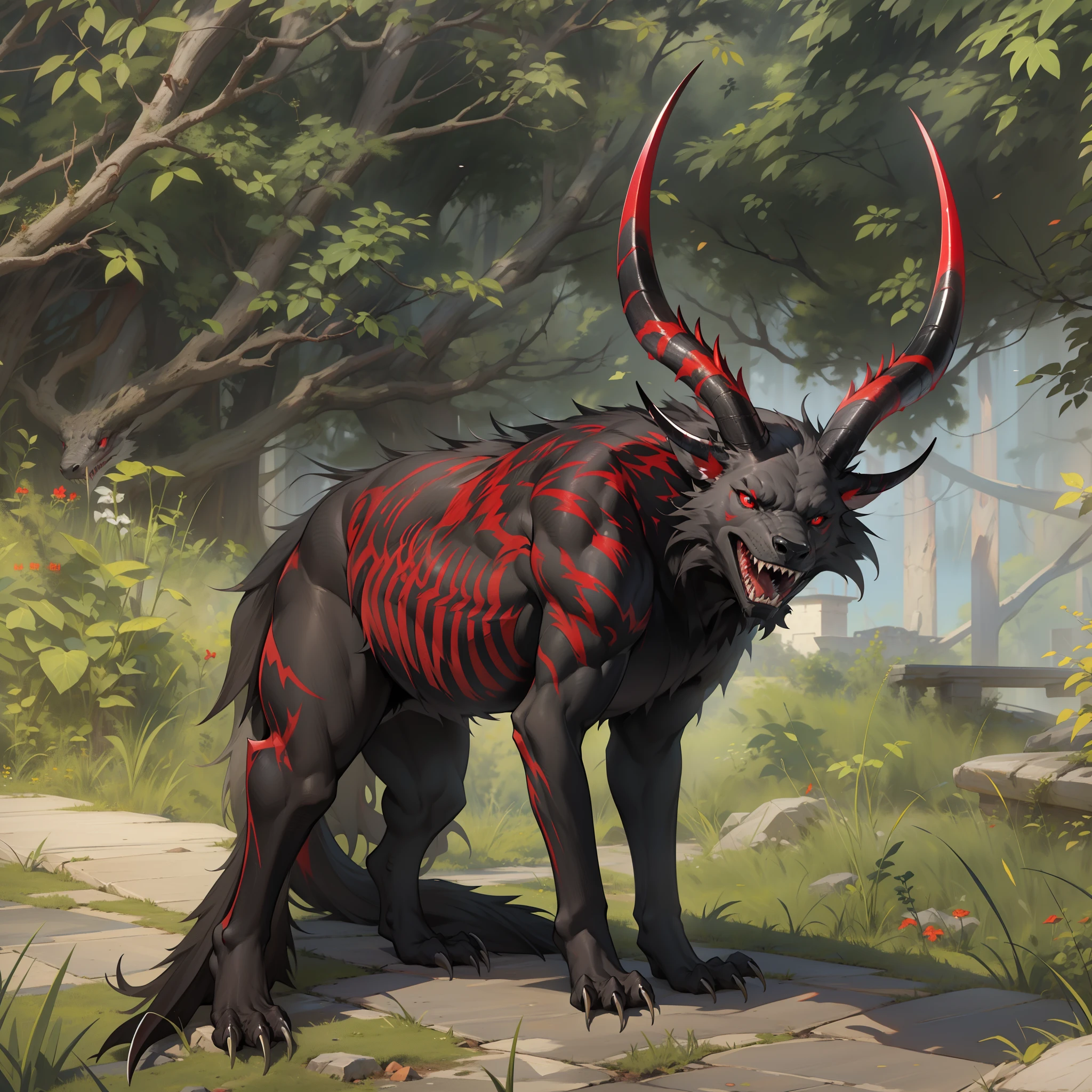 Handsome male at 6'2. skin is dark red with grey undertones. muscular with a V-shape body. red eyes with black irises. two horns on my head. a long thin tail. sharp teeth that can retract. razor sharp claws and talons that can retract.
