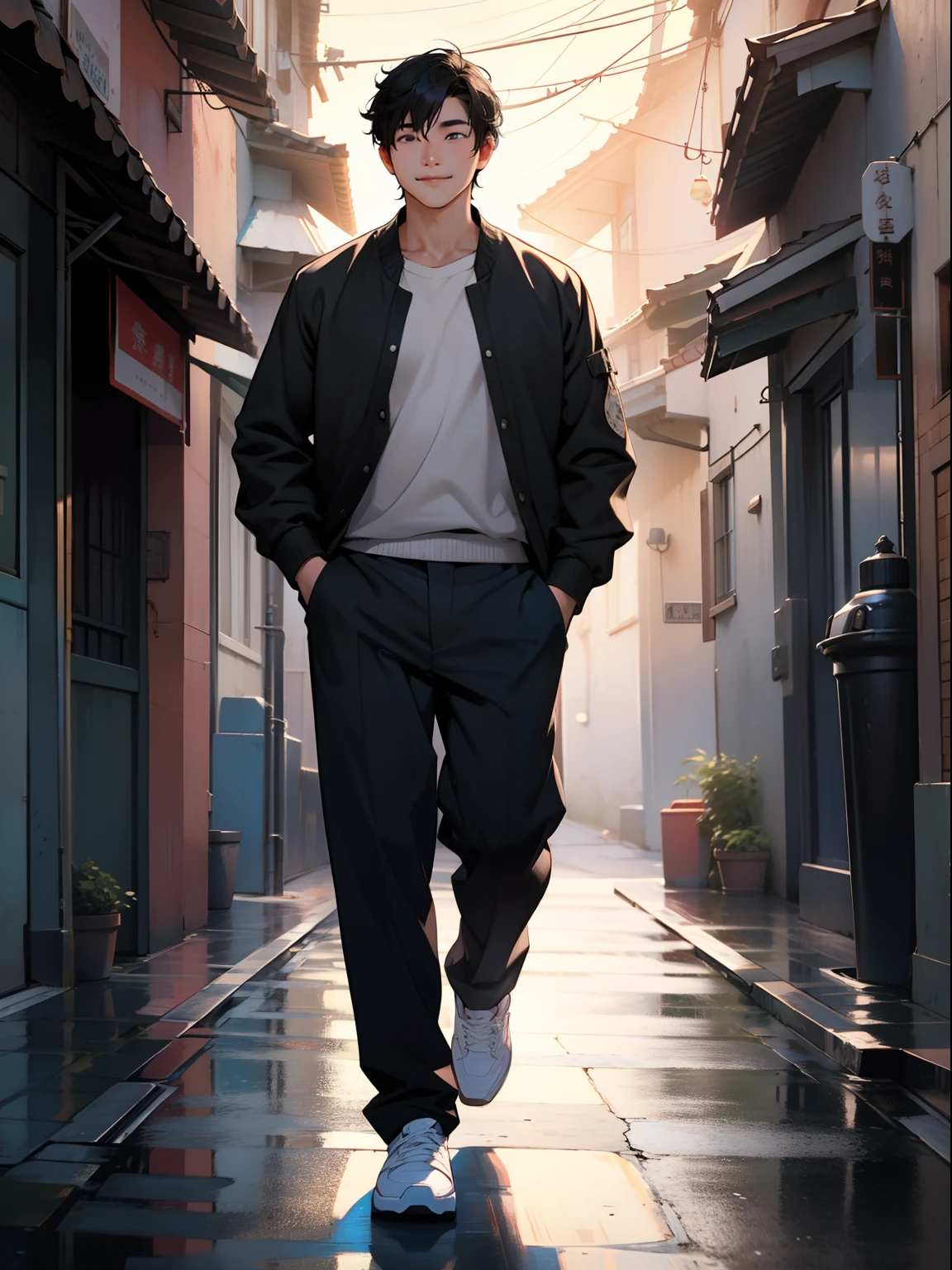 of a guy，Douluo，with short black hair，standing on your feet，the night，，ssmile