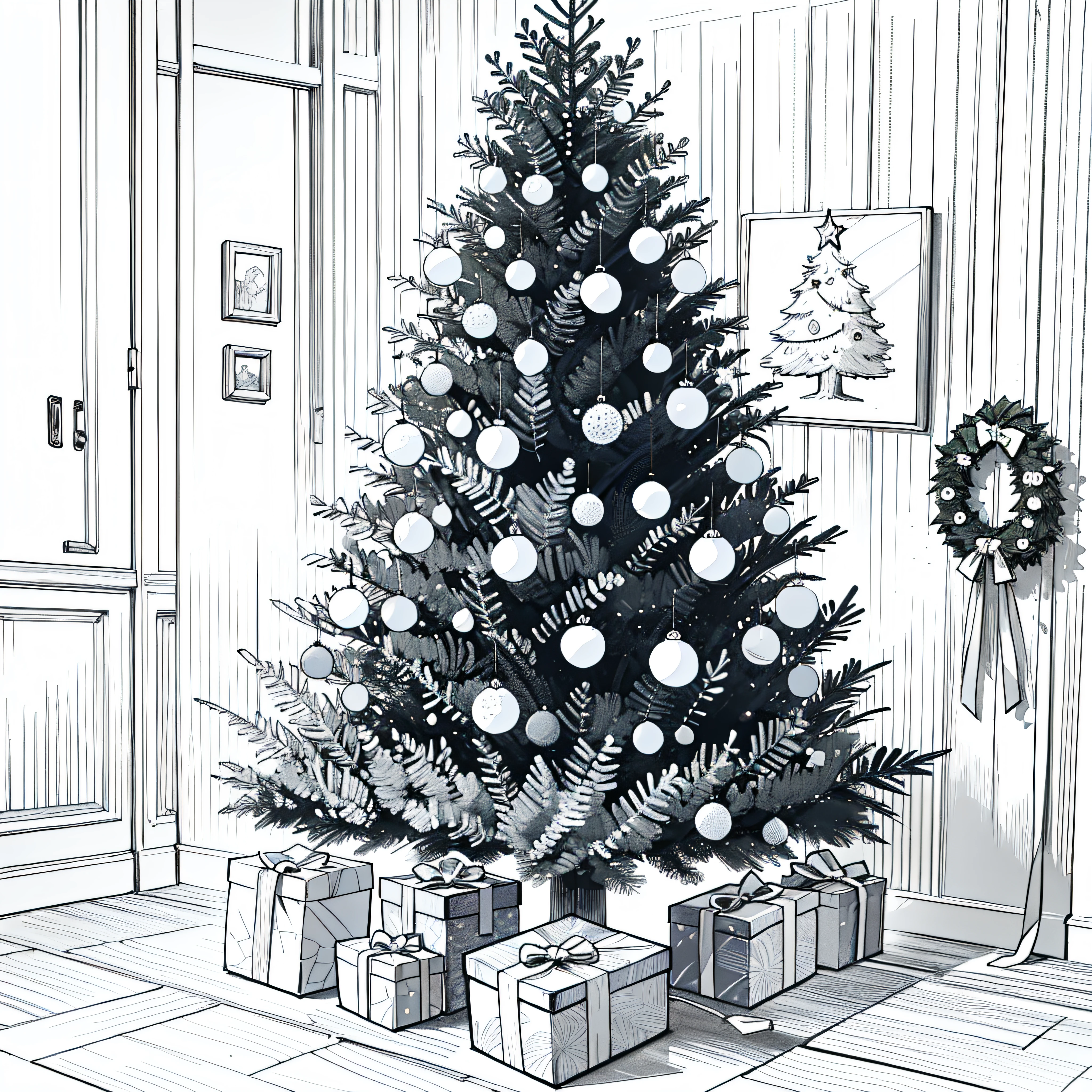 (Masterpiece, Ultimate), sketch style, hand-drawn lines, pencil lines, black and white color matching, Designer drawing of a New Year's opening,  Christmas decorations, Christmas tree