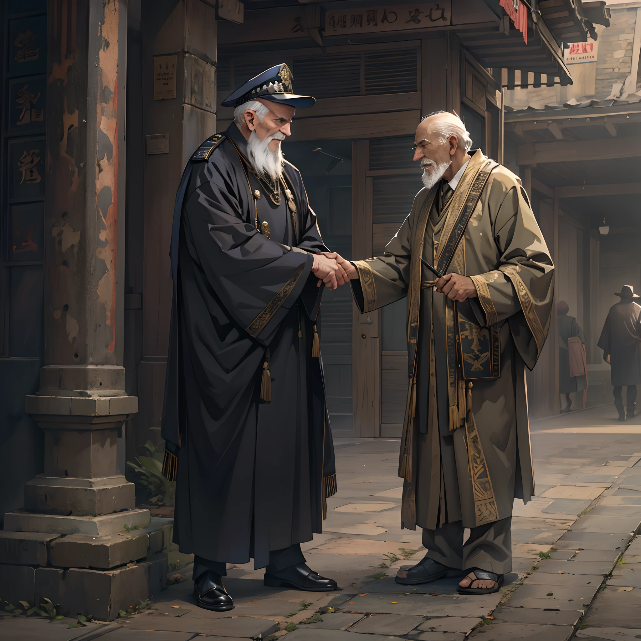 A tall male police officer walked forward and nodded respectfully to an old man wearing ancient robes. The old man smiled and replied.