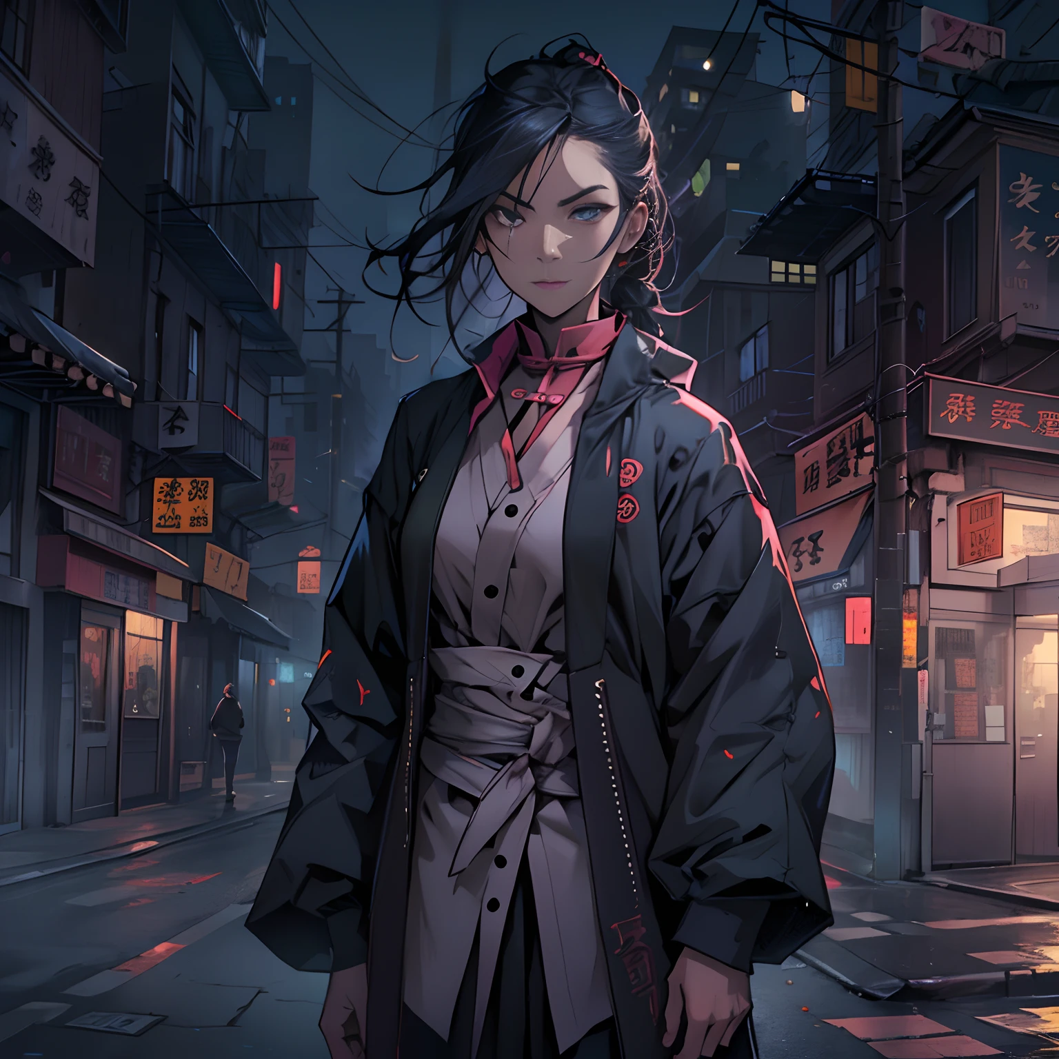 A anxious female Taoist stood at the street corner, looking ahead with a determined gaze. Behind her was a cityscape engulfed in the darkness of night, filled with an air of mystery and danger.