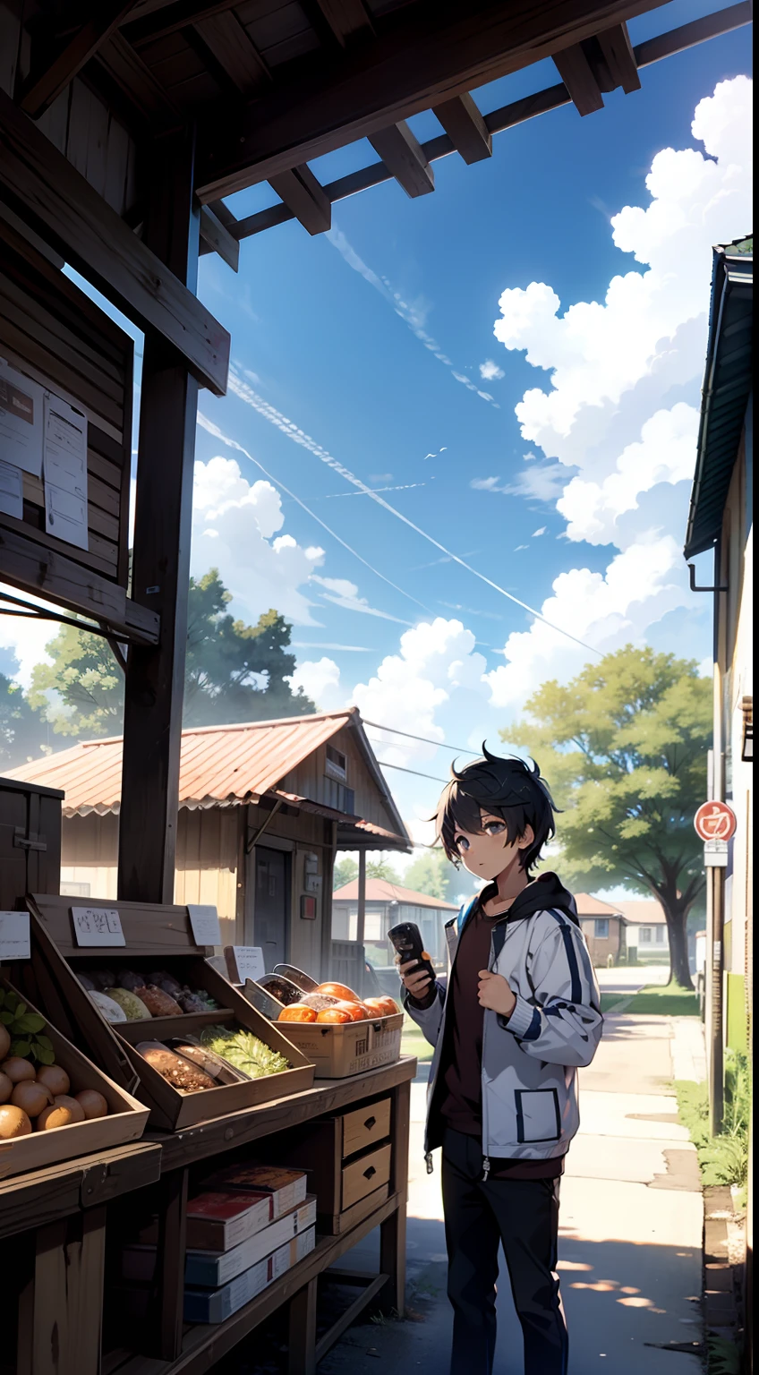 with blue sky and white clouds，Libido boy，Rustic，Shop，The tree，soda pop，remote