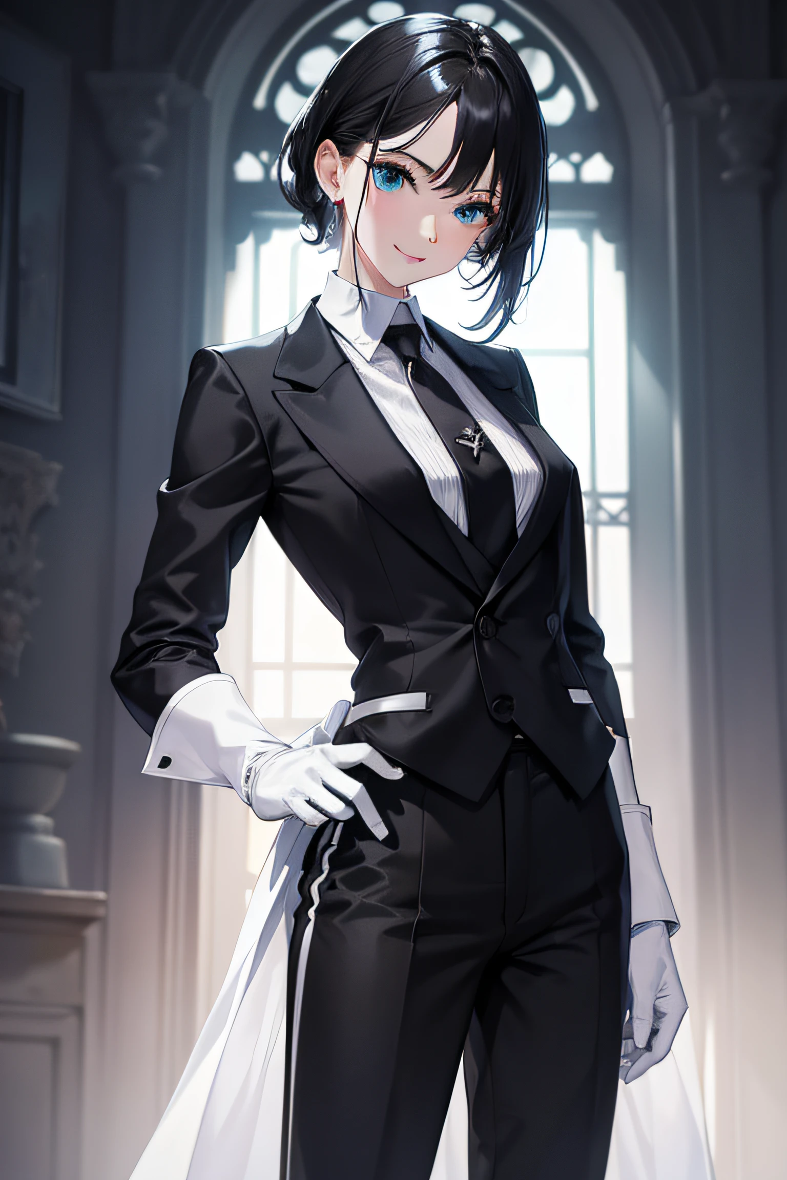 1girl, white skin, HDR,UHD,8K, best quality, masterpiece, Highly detailed, ultra-fine painting, Vivid Colors, Cinematic Lighting, slender, head tilt, aqua eyes, seductive smile, straight hair, medium hair, (black hair), (human), (tuxedo), long pants, black pants, butler, cool+, tie, white gloves
