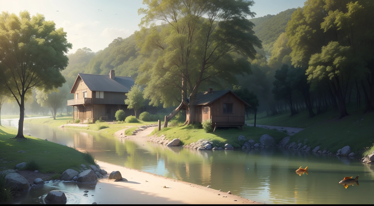 There are trees on all sides, a house inside, a small river, there are fish, there are smiles, many fruit trees, in the morning vibes