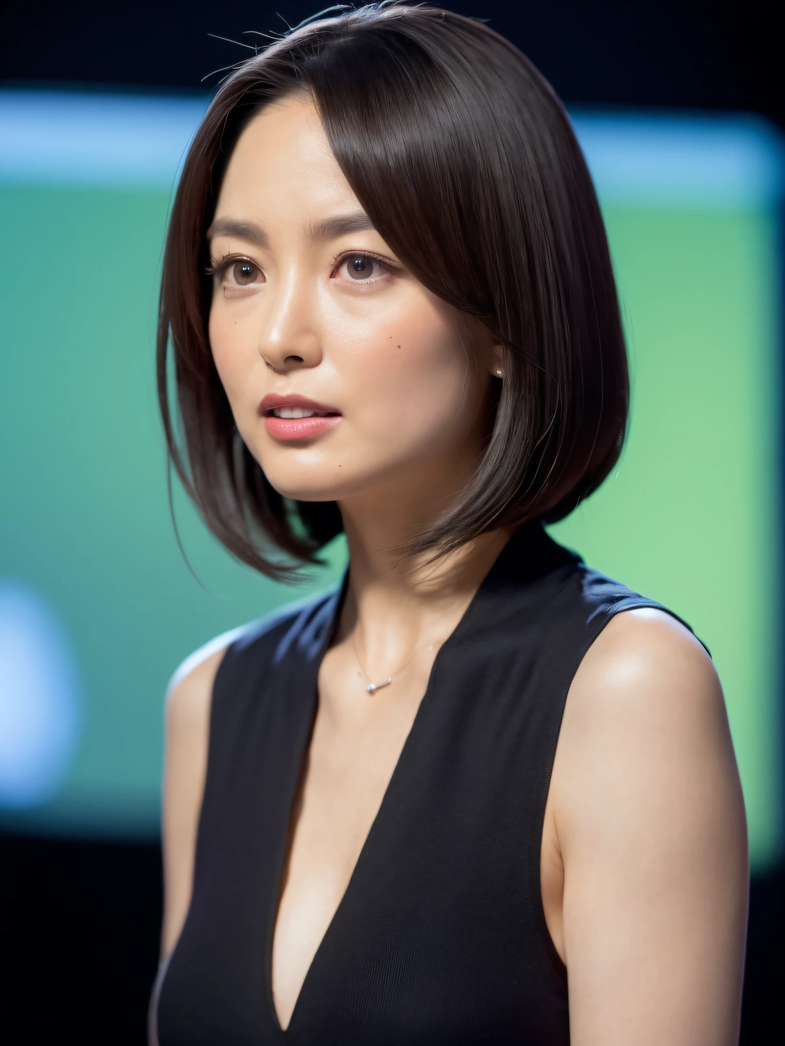 32k, raw photo, best quality, realistic, photorealistic:1.2, ultra detailed, BREAK,, 1girl:1.2, solo:1.2, 22yo:1.3, female tv announcer, standing, wether news broadcast, clear and beautiful, Perfect face, Detailed eyes, Black short hair, Huge breasts:1.4, Narrow waist, (announcer), cleavage:1.4, realistic human skin, skin texture, wooden podium, looking at viewer, light on face, tv news studio, bokeh, (perfect body shape), (slim), full body, realistic skin texture, (tv studio, news studio, indoors),