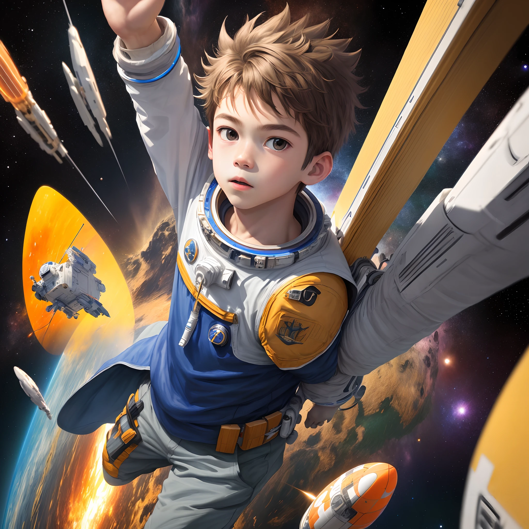 ridiculous resolution, high resolution, (masterpiece:1.4), super detailed, 1boy, seen from above, space, floating, --v 6