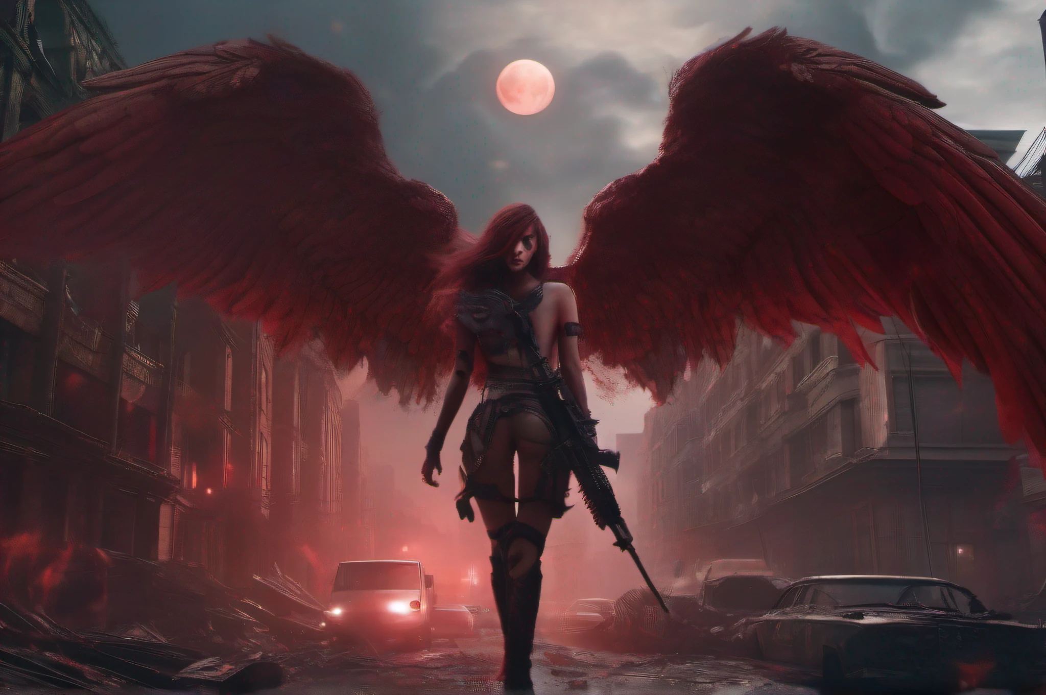 «An ominous blood red moon in a smoke filled sky overlooks a crumbling apocalyptic city street ravaged by war. A evil and alluring fallen angel, red wings spread, descends carrying a trident. Her piercing eyes glare with malcontent. Extremely detailed matte painting, cinematic vivid colors, volumetric lighting, Unreal Engine, 8K»