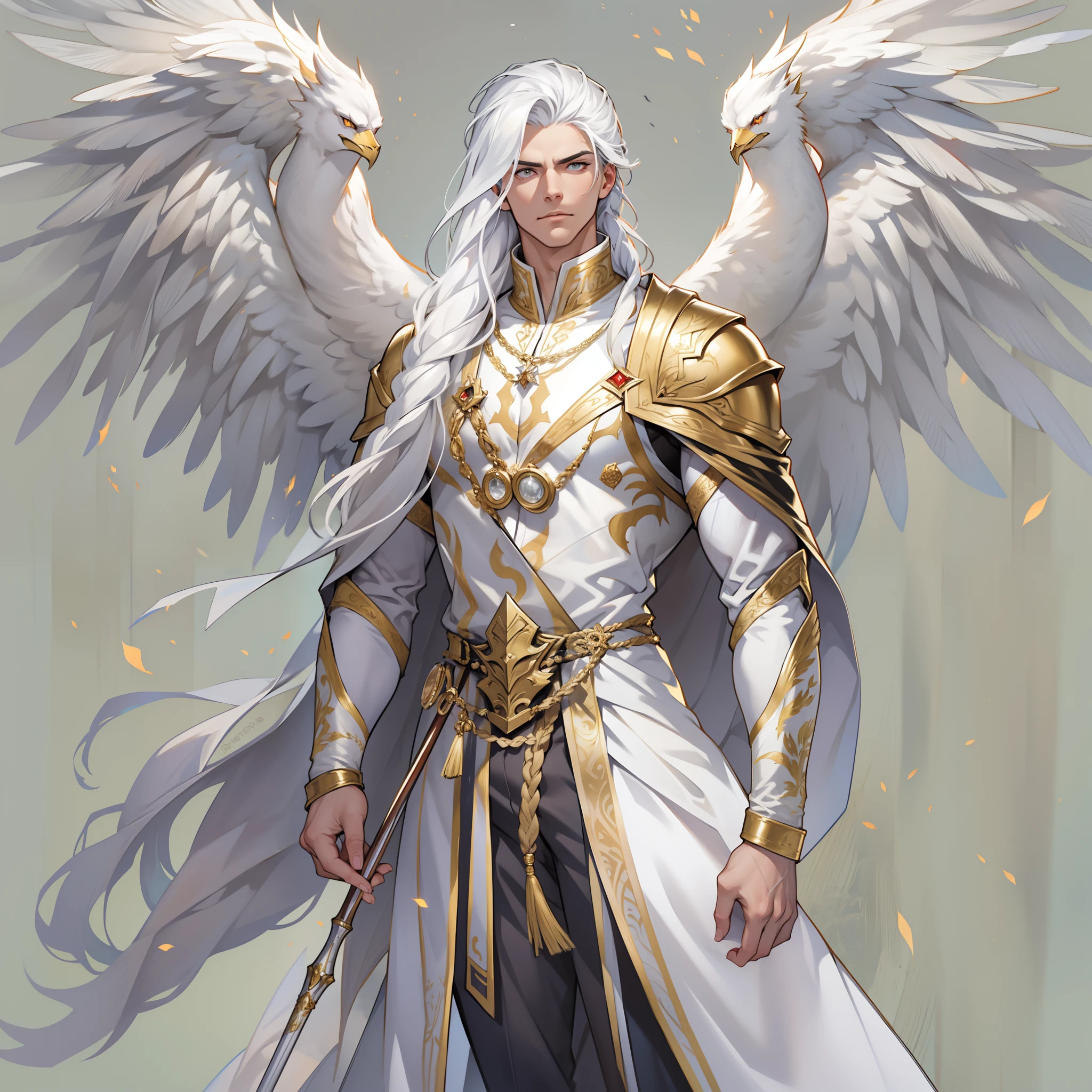 Caius is a handsome male, stands at 7ft tall. He has an athletic body structure. He wears royal attire thats silver and gold. He has beautiful long white silky hair and a golden eye color. He is seen with a staff. He has huge white wings. A big bulge in his pants. White Phoenix human form. His hair is braided back. Bara. Roman nose. Muscular. Defined jawline. White flames. White fire. Palace