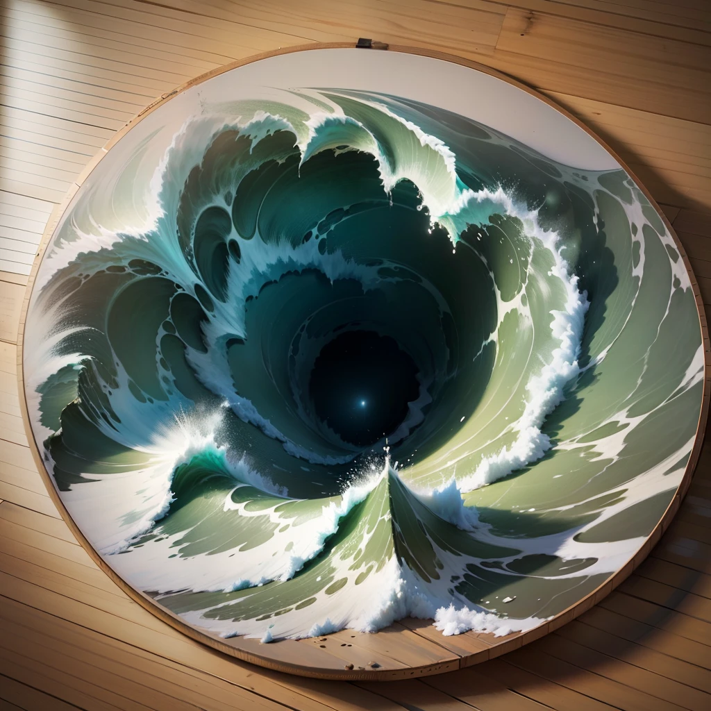 Image of sea waves inside a circle with drawings of leaves for a t-shirt in extremely realistic SVG in 16k 4d --auto --s2