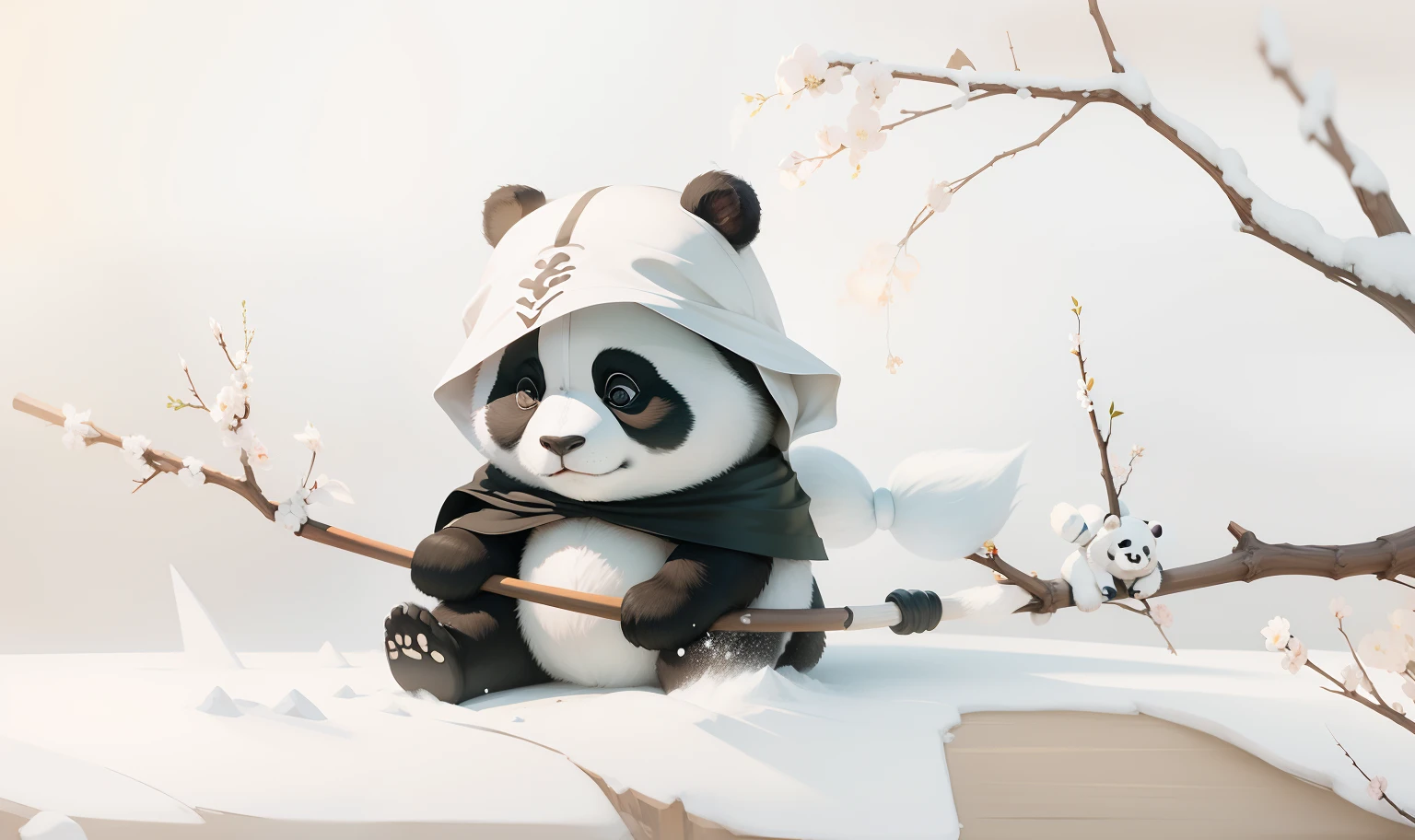 Panda Warriors，Wear a cape on his head，With a long stick in his hand