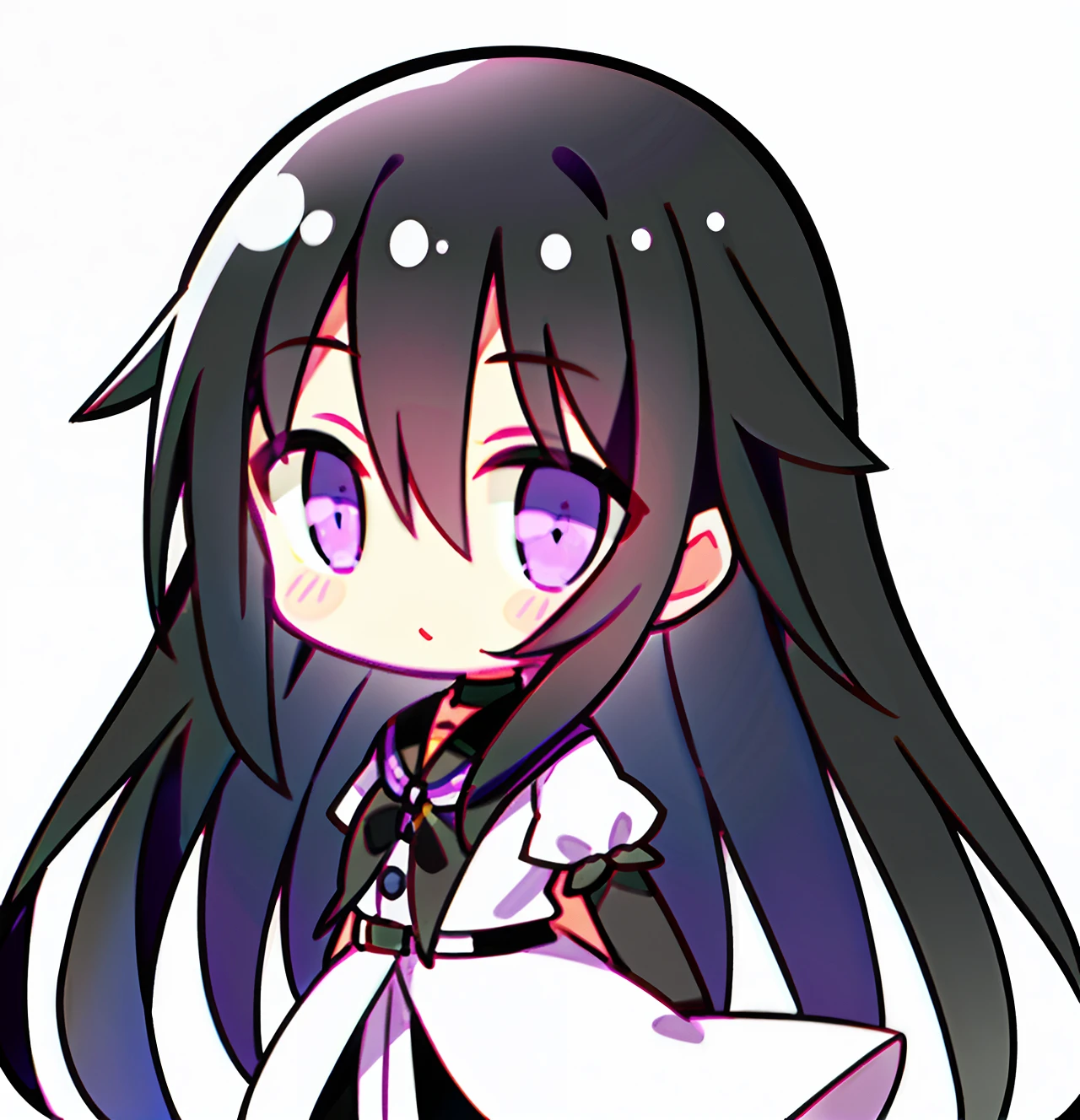 Extra-long black hair，A little girl with purple eyes，It's kind of cute，Simple white clothes ，Hair drooping