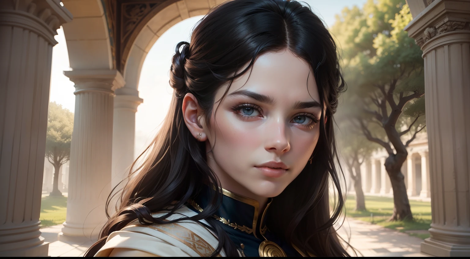 The portrait shows a mythological dark-haired Gemini man marking his face. His gaze is curious and energetic, capturing the characteristic duality of Gemini. Their eyes sparkle with intelligence and exploration as they observe the world around them..

Su cabello oscuro cae en suaves ondas sobre su frente, adding a touch of mystery and charm. Lleva una diadema con detalles inspirados en el arte griego antiguo, which highlights its mythological status and its connection to history and knowledge.

The Gemini man is dressed in a light, flowing robe that fits his athletic figure.. Sus gestos son expresivos y comunicativos, reflejando su naturaleza comunicativa y su habilidad para adaptarse a diferentes situaciones con facilidad.

En segundo plano, se puede vislumbrar un paisaje con elementos gemelos, as twin trees or identical columns, symbolizing the duality that characterizes Gemini. The image captures the intriguing and versatile essence of this zodiac sign, with a focus on her dark hair and inquisitive expression.