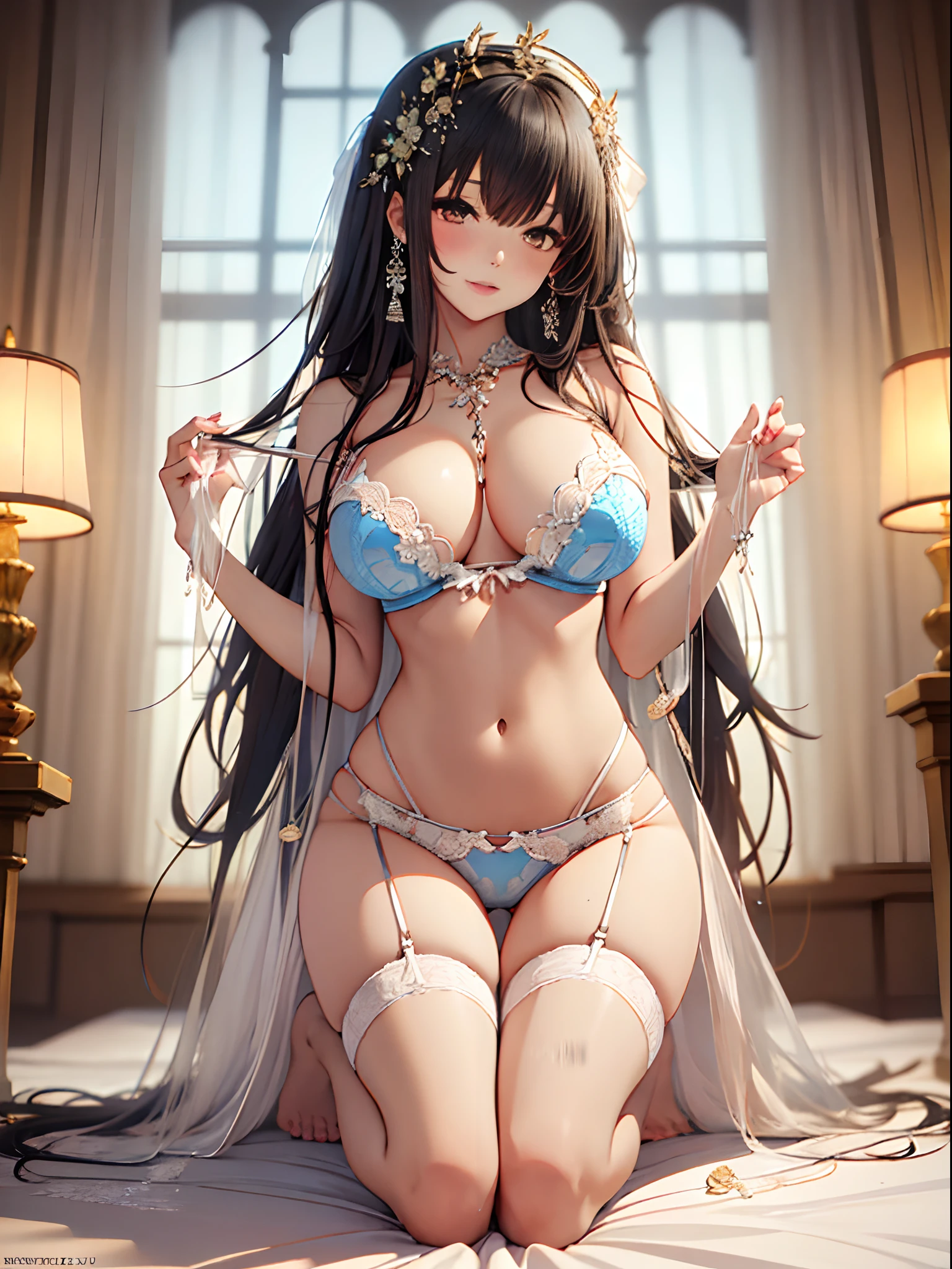 （Enrich the picture，Masterpiece level quality）Beautiful 8K CG artwork，Goddess-like posture，Kneeling exercise，Slim and soft，Translucent skin，Black hair、The beauty of extra-long hair, Super Long Straight Hair，The skin is fair and juicy，Big breasts underwear uniform，Perspective Part 1.2x enhanced silhouette effect，Exquisite transparent blues pattern in pajamas，The details are intricate and exquisite，The background is slightly blurred，Charming and lustful leg seduction，Drool，Extra-large big breasts，Blush，Japan goddess，Perfect body slim curves，