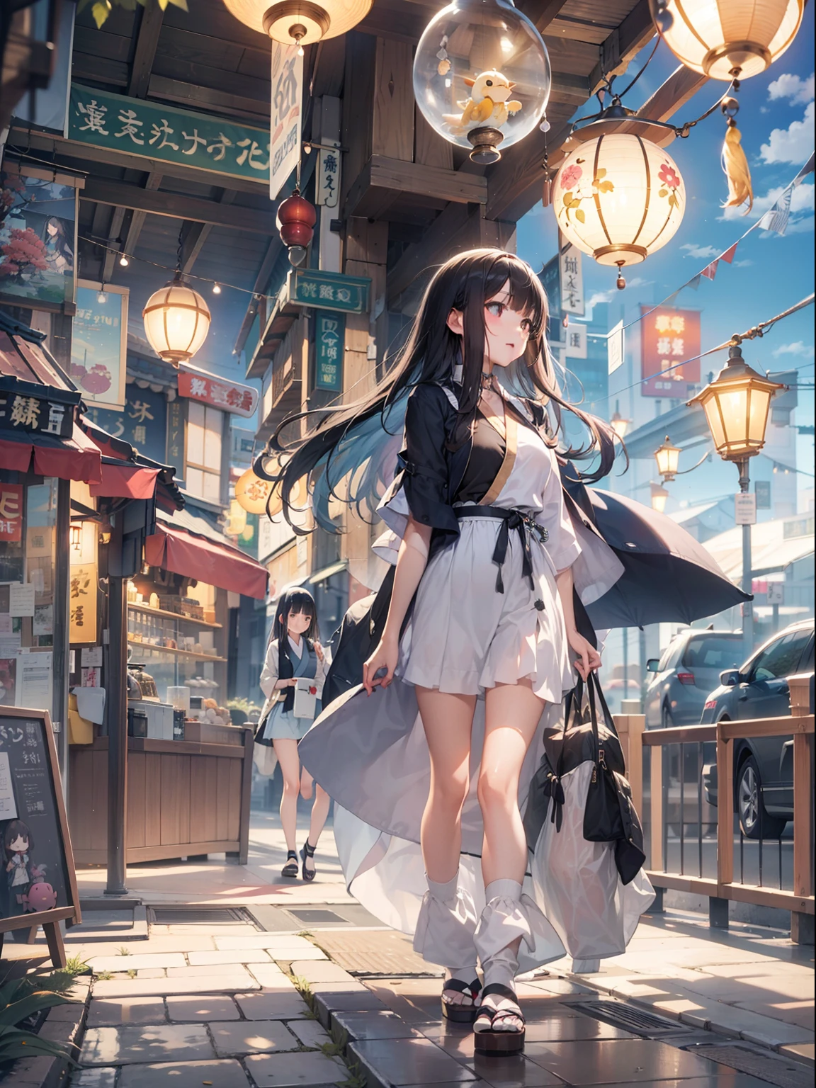 Top image quality　Original Characters、City Girl、summer clothing、Long Black Hair、A city made up of Japan glass wind chimes、Huge entrance cloud、Evening glow
