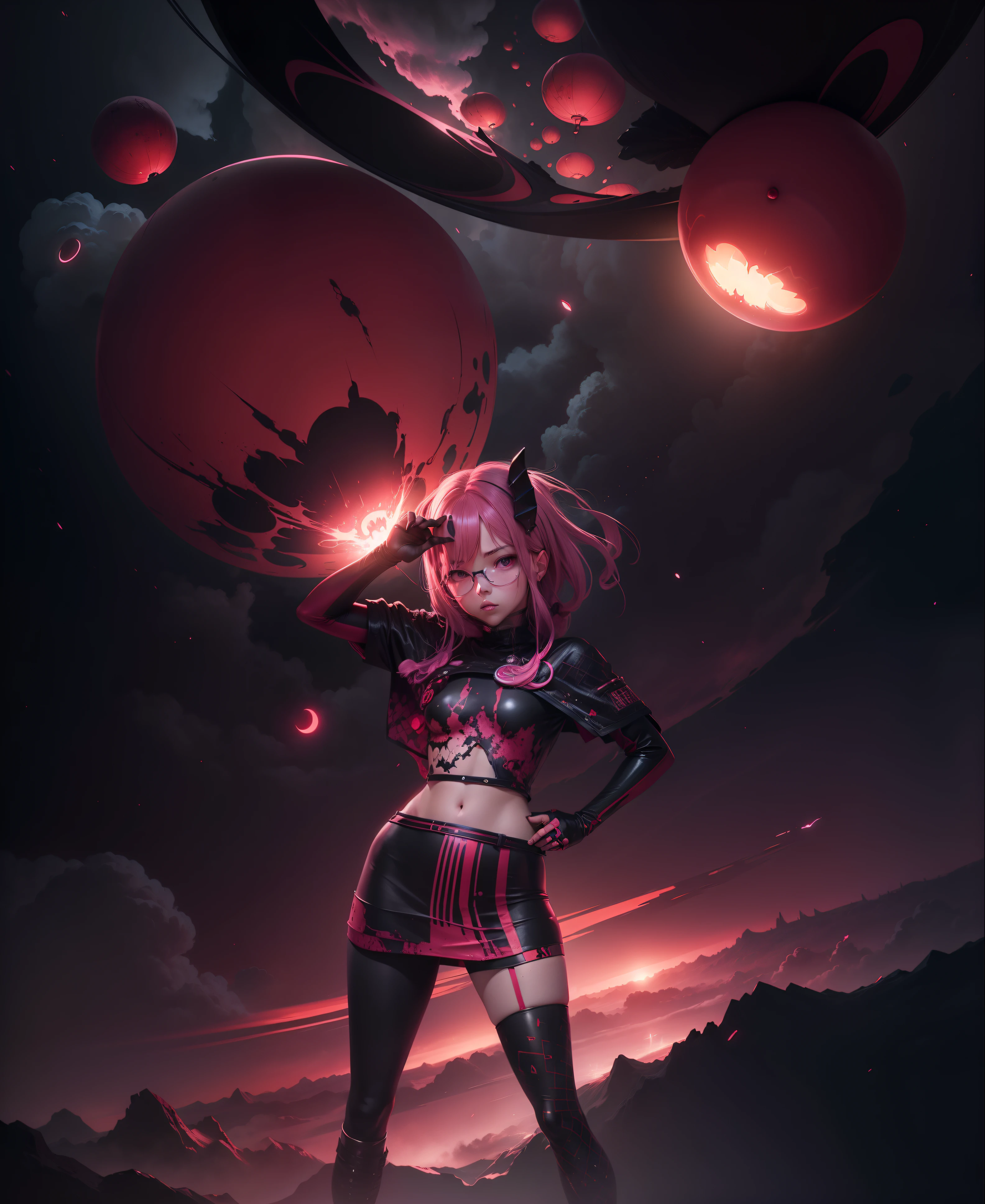 1 succubu girl, white skin, darkpink hair, black, blood red, bordo color, burgundy colors, cinnamon colors, crimson red, dark orange, dark red, dark pink, electric colors, neon colors, vantablack, full body character design, neon lights, lois van baarle, 2d, childrens book illustration, realistic art, devil, hiromu arakawa