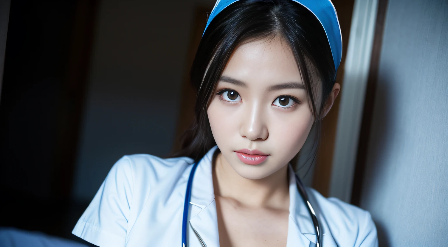 (Pretty Korean girl),((SuperHuge boobs:1.3)),((Neon Blue Nurse))