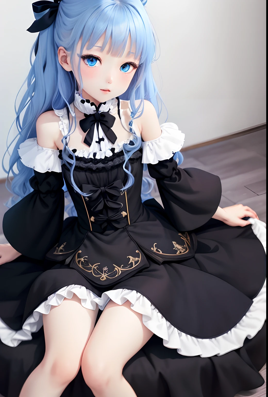 1girll, 独奏, long whitr hair, upper legs, frilld, longer sleeves,high-heels, black thighhigns, Sat down, centerfrills, blackfootwear,blue color eyes, Bow knot (tmasterpiece,Best quality at best)