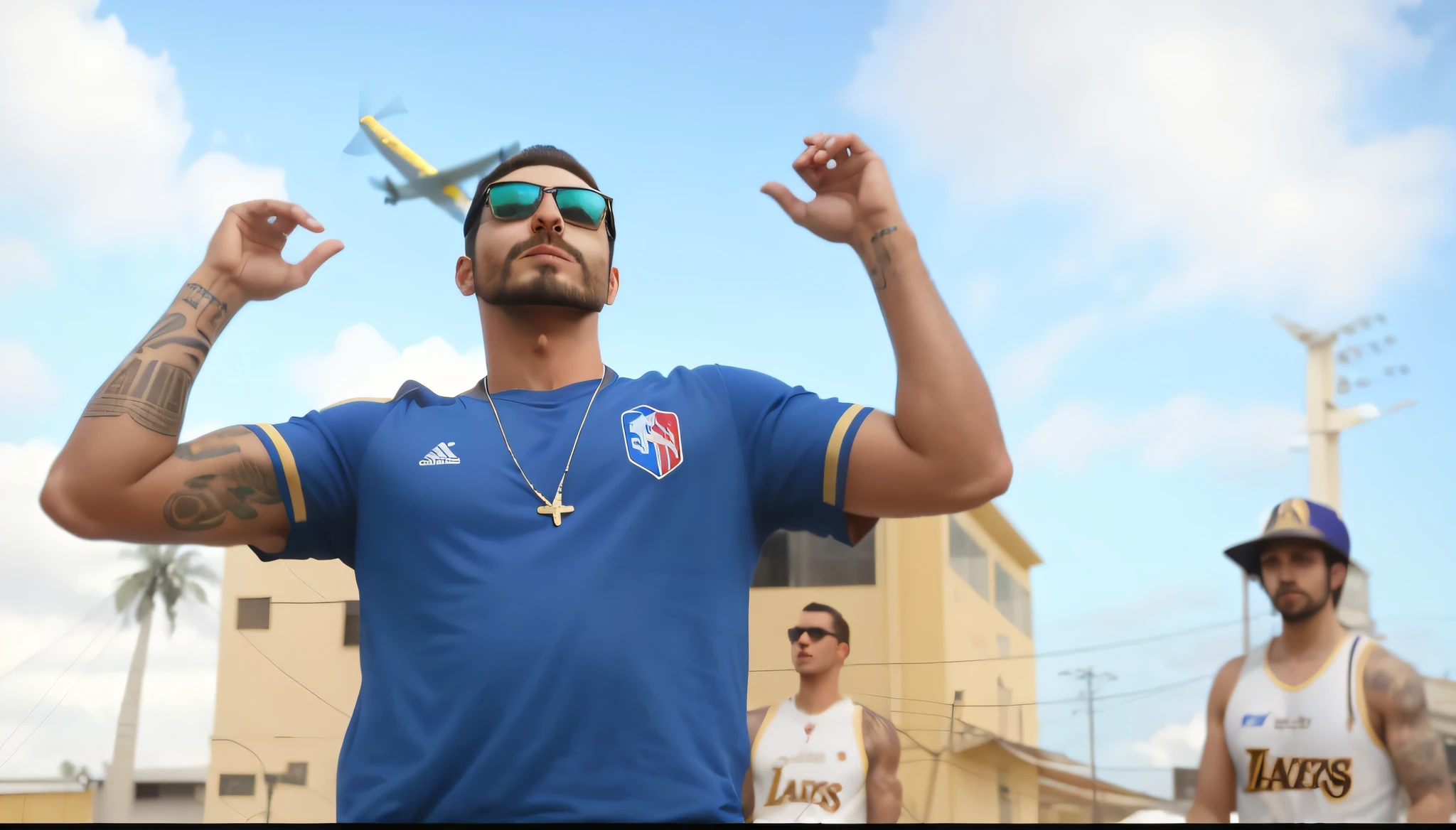 There is a man with a tattoo on his arm and a blue plane in the background, duas pessoas atras com camisas de time branca, Lakers,  Videoclipe oficial, video clip, still from a music video, goodlooking, disco Rigido, television show, detalhes realistas, rostos bem detalhados, pessoas ao fundo bem detalhadas, aviao segundo plano, bem detalhado,
