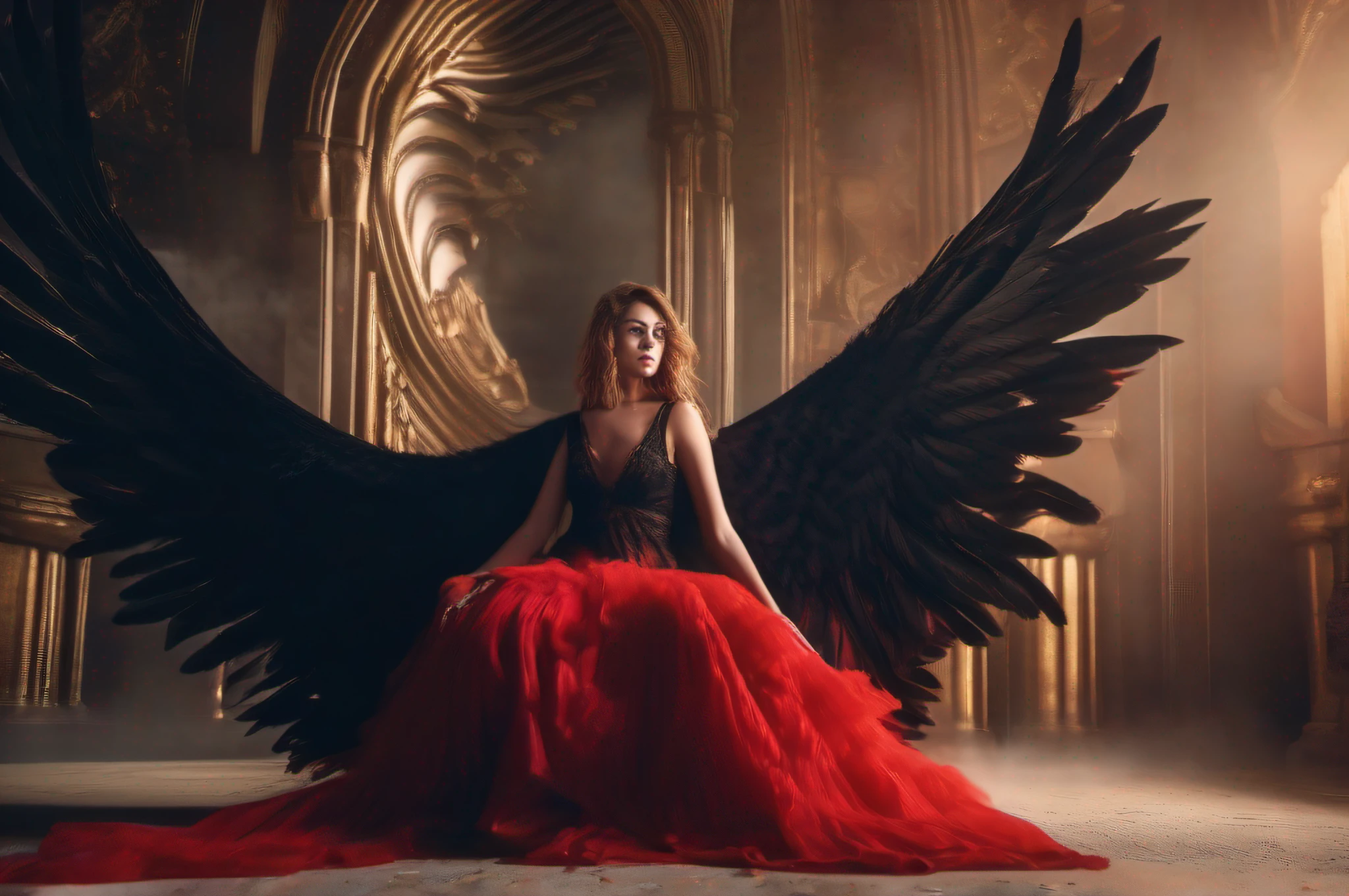 «(((red evil sexy fallen angel))) young beautiful woman wearing black dress, close up photo, high resolution 8K, beautiful bright colors, feathers flying around, gold rim lighting, macro lens, softbox studio lighting, vivid colors, fine details, evil expression with dissaproving stare, looking at camera, cinematic volumetric lighting, mood and atmosphere, dramatic, sinister, dark, mystical, epic, unreal engine render»