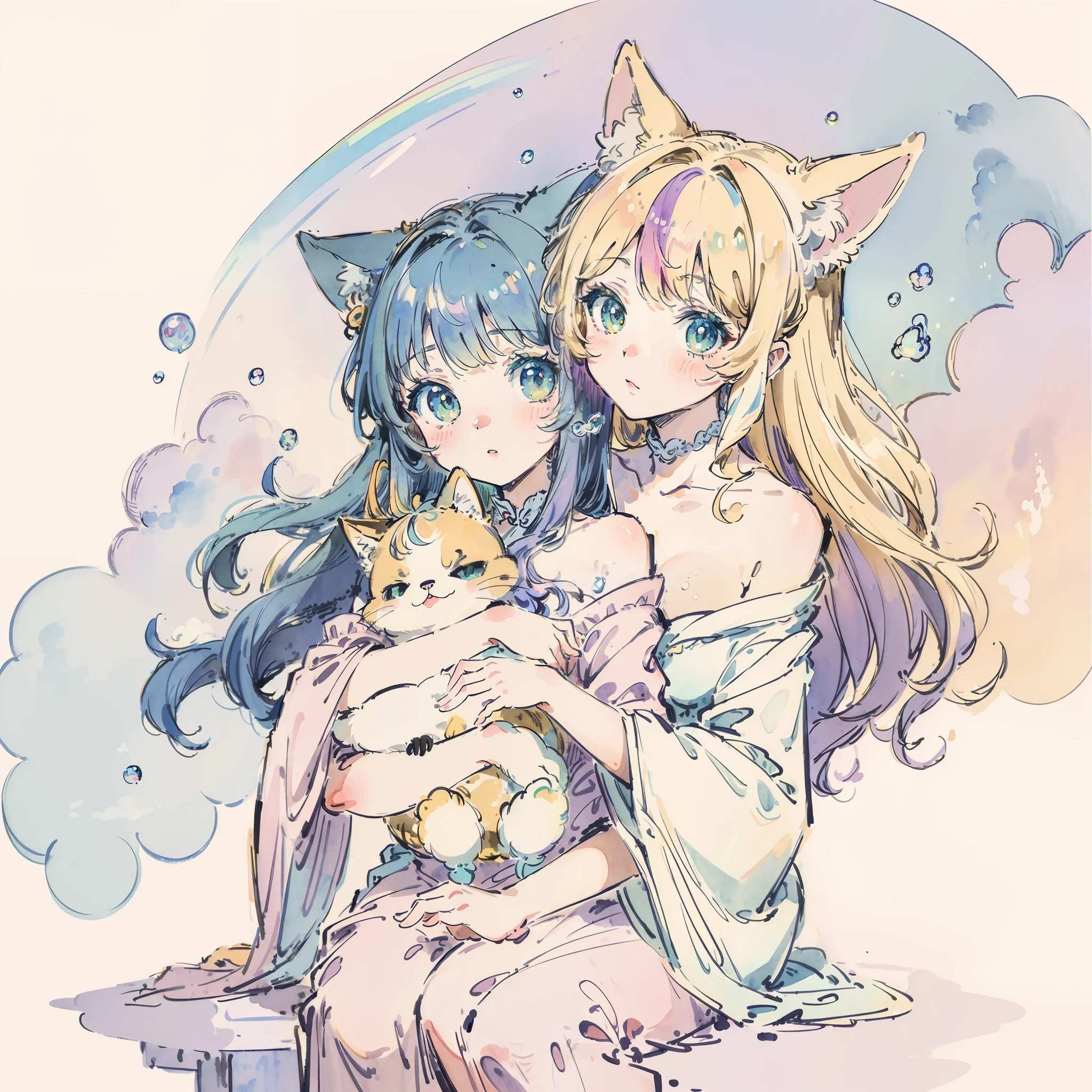 Cute as a dream、(​masterpiece、top-quality、top-quality、watercolor paiting(Curly)、Take a cute cat、Official art、Beautifully Aesthetic:1.2)、(a beauty girl:1.3)、patterns、(rainbow-colored hair、colourful hair:1.2)、Soap bubbles、Rainbow behind、​​clouds、colourfull、Soap bubbles、Hair spreads throughout、kawaii、pastels、Large ribbon、Lovely room、Rainbow Cat Plush Toy