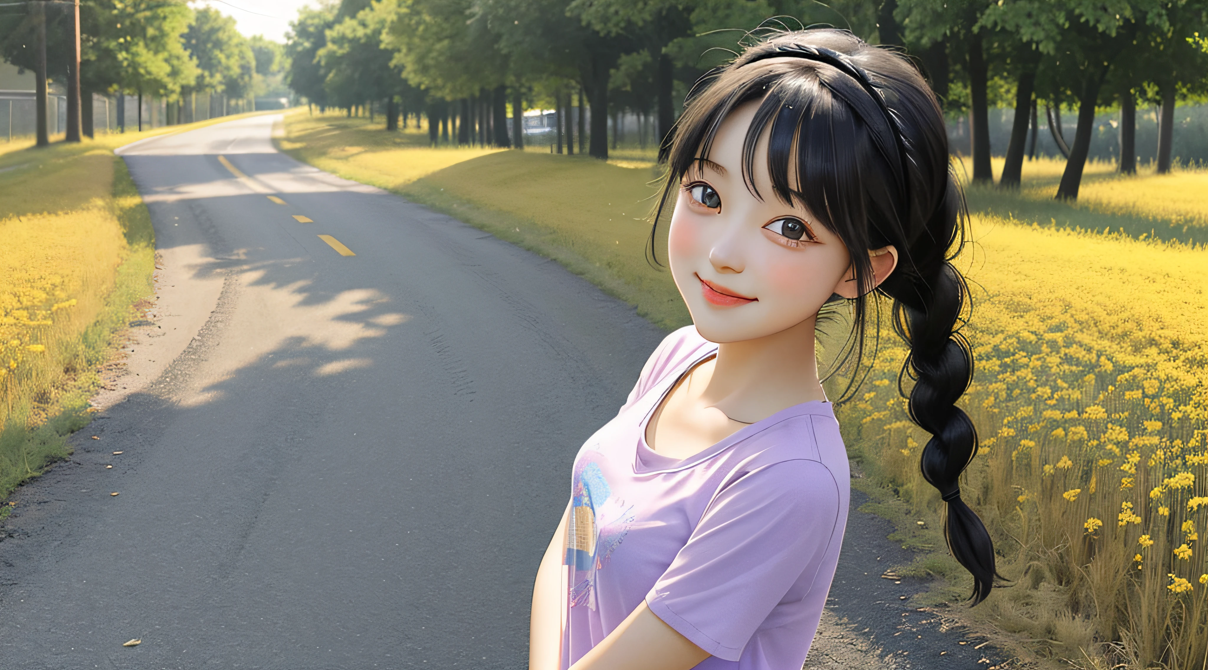On a summer afternoon,The sky is blue,and the sun was shining brightly。Under the street lights of a country field road,An eighteen-year-old cute sweet girl appeared。
She has long black hair,Qi bangs and double braids make her look even more cute。Under her thick eyebrows,A pair of big eyes shone brightly。She wore a lilac T-shirt and a pair of short hot pants,Show her youthful vitality。
On her head,She wears a delicate floral headband,Added a playful cuteness。Although she is a little shy,Her cheeks flushed with excitement。The corners of her mouth rose,Look at the audience with a smile,It reveals a gentleness and kindness。
By this time,She was on a field road。Around her,The wheat waves rolled,Butterflies flutter among the flowers。The girl smiled sweetly,There was a hint of innocence and innocence in her smile。She places her hands naturally at her sides,Show off her flawless teeth,White as pearls。
Despite the hot weather,But in this scenario,The cuteness of the girl and the beauty of the field path blend together,It brings a feeling of happiness and joy。