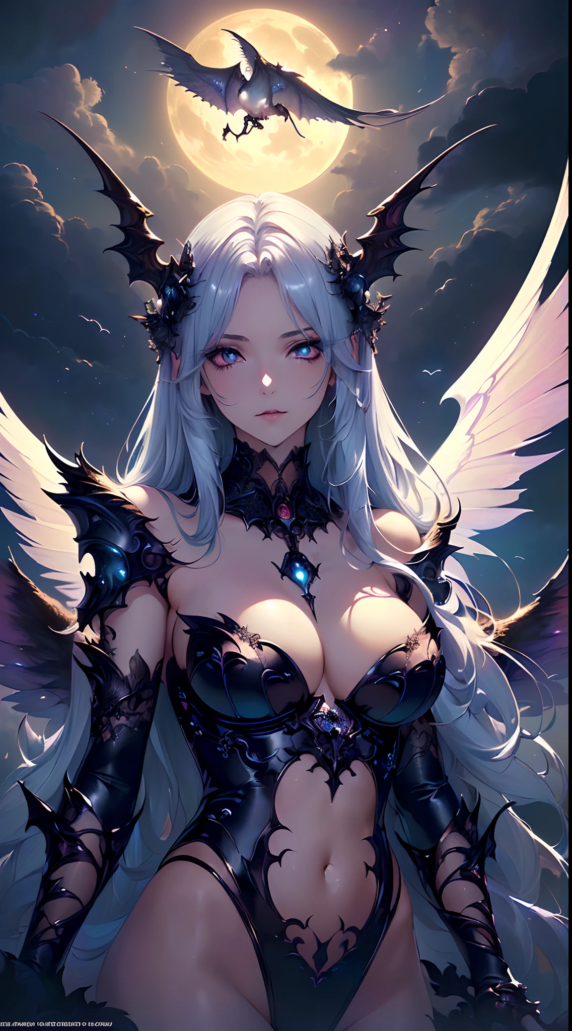 ((Need)), ((tmasterpiece)), (A detailed), Enchanting succubus, Ethereal beauty, Perched in clouds, (fantasy illustrations:1.3), Seductive gaze, captivating posture, delicate wings, otherworldly charm, Mysterious Sky, (Luis Royo:1.2), (Yoshitaka Amano:1.1), Moon Night, pastelcolor, (Detailed cloud view:1.3), (A high resolution:1.2),Close-up shot,Close-up shot