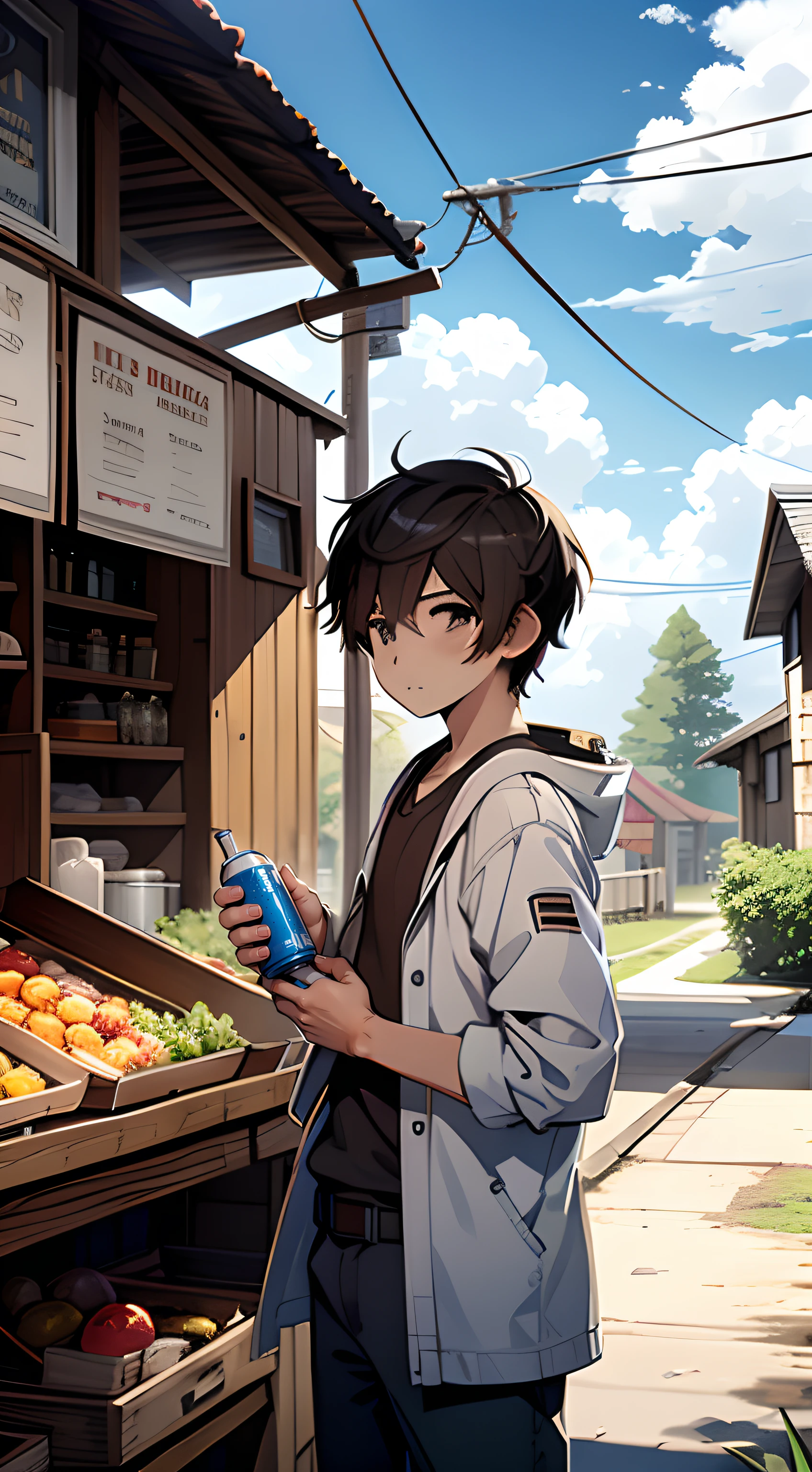 with blue sky and white clouds，Libido boy，Rustic，Shop，The tree，soda pop，Remote