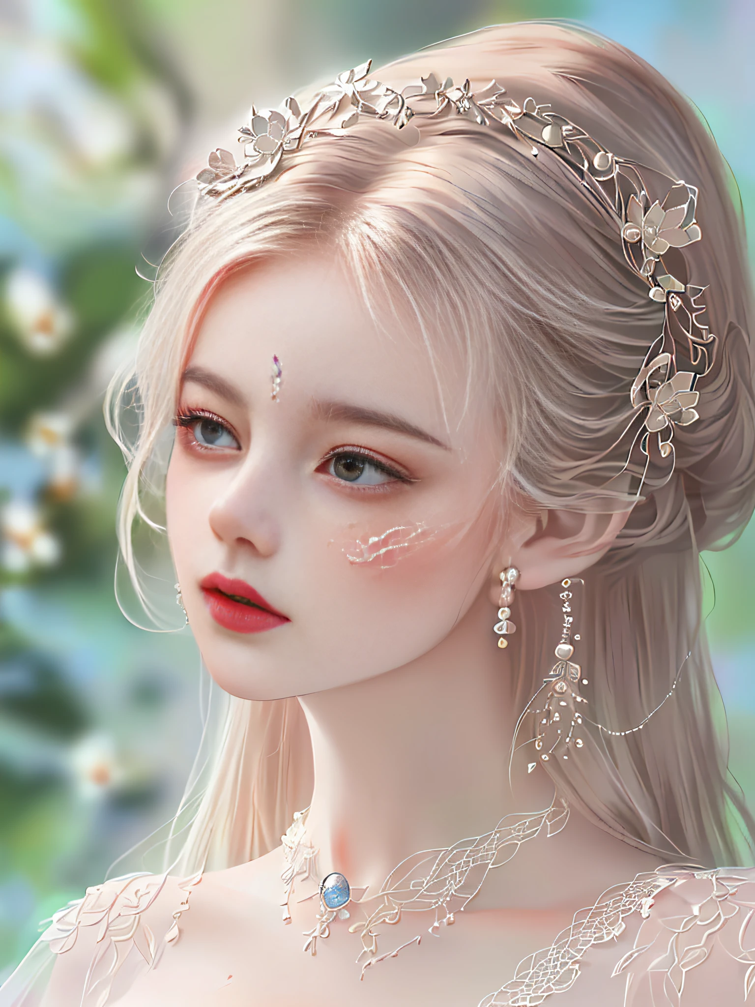 A cute and beautiful girl，Big eyes of the water spirit，lovely and delicate，Peerless beauty，Delicate hair accessories，pitying，（messy  hair），lacy clothing，Supple skin，Fashionab，A delicate painting，Clover hairpins，Blue，Ultra-high image quality，8K，depth of fields，（Macro lens），Ambient lighting，high light，Upper body animation style,Comics,High quality above the waist