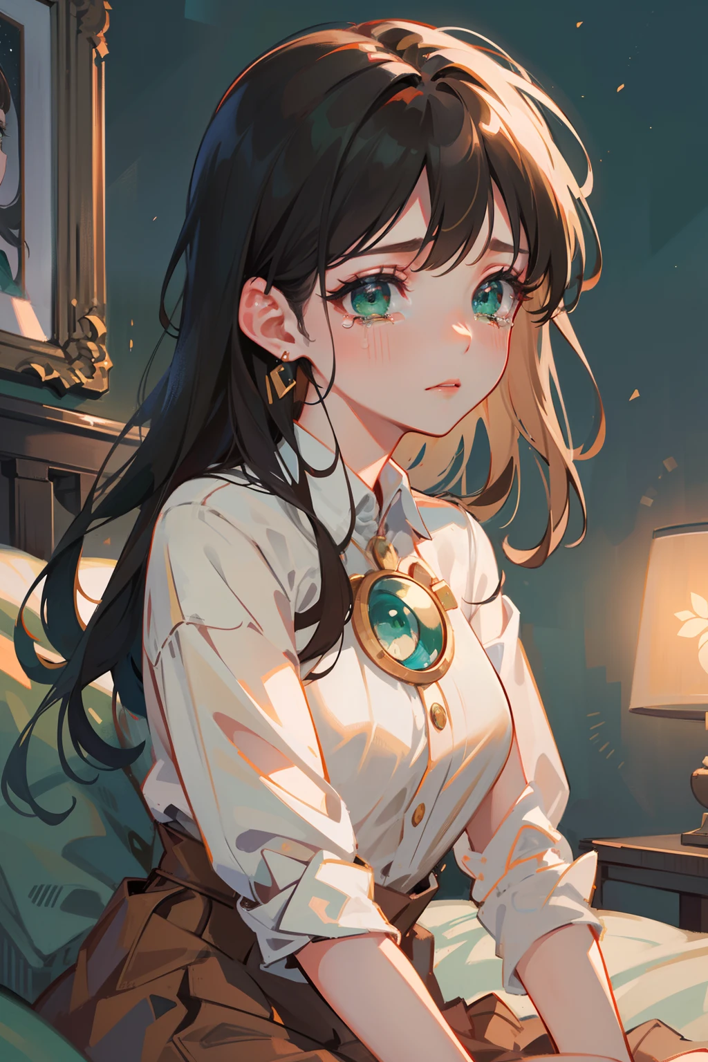 (masterpiece), best quality, beautiful detailed hair detailed face, ultra high res, sharp focus, ((1 woman, solo)), perfect feminine face, upper body, low angle shot, ((beautiful eyes, green eyes)), sitting on the bed, (in midnight:1.2), crying, sad face, chesnut brown hair, floating long hair