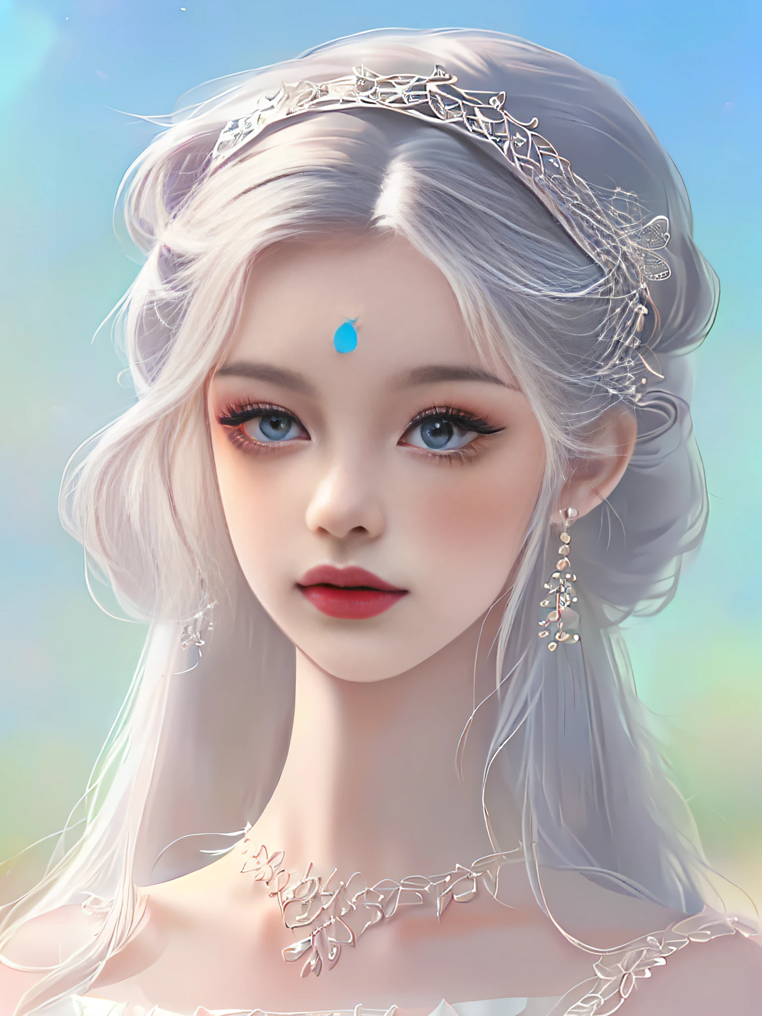 A cute and beautiful girl,Big eyes of the water spirit,lovely and delicate,Peerless beauty,Delicate hair accessories,pitying,(messy hair),lacy clothing,Supple skin,Fashionab,A delicate painting,Clover hairpins,Blue,Ultra-high image quality,8K,depth of fields,(Macro lens),Ambient lighting,high light,Upper body animation style,Comics,High quality above the waist