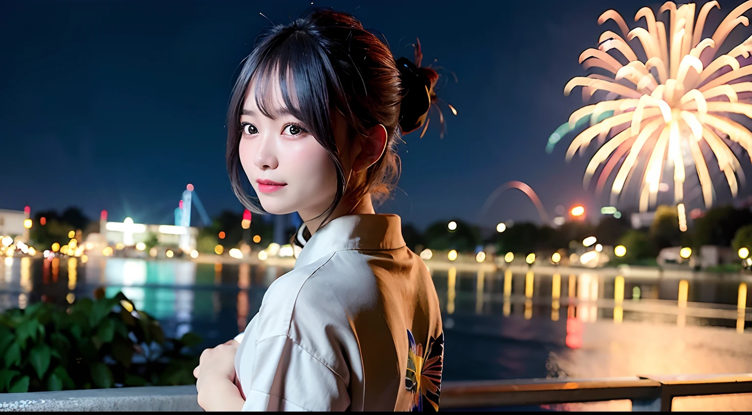 best quality, ultra high res, 1girl, yukata, (faded ash gray hair:1), rear view, many fireworks in the background