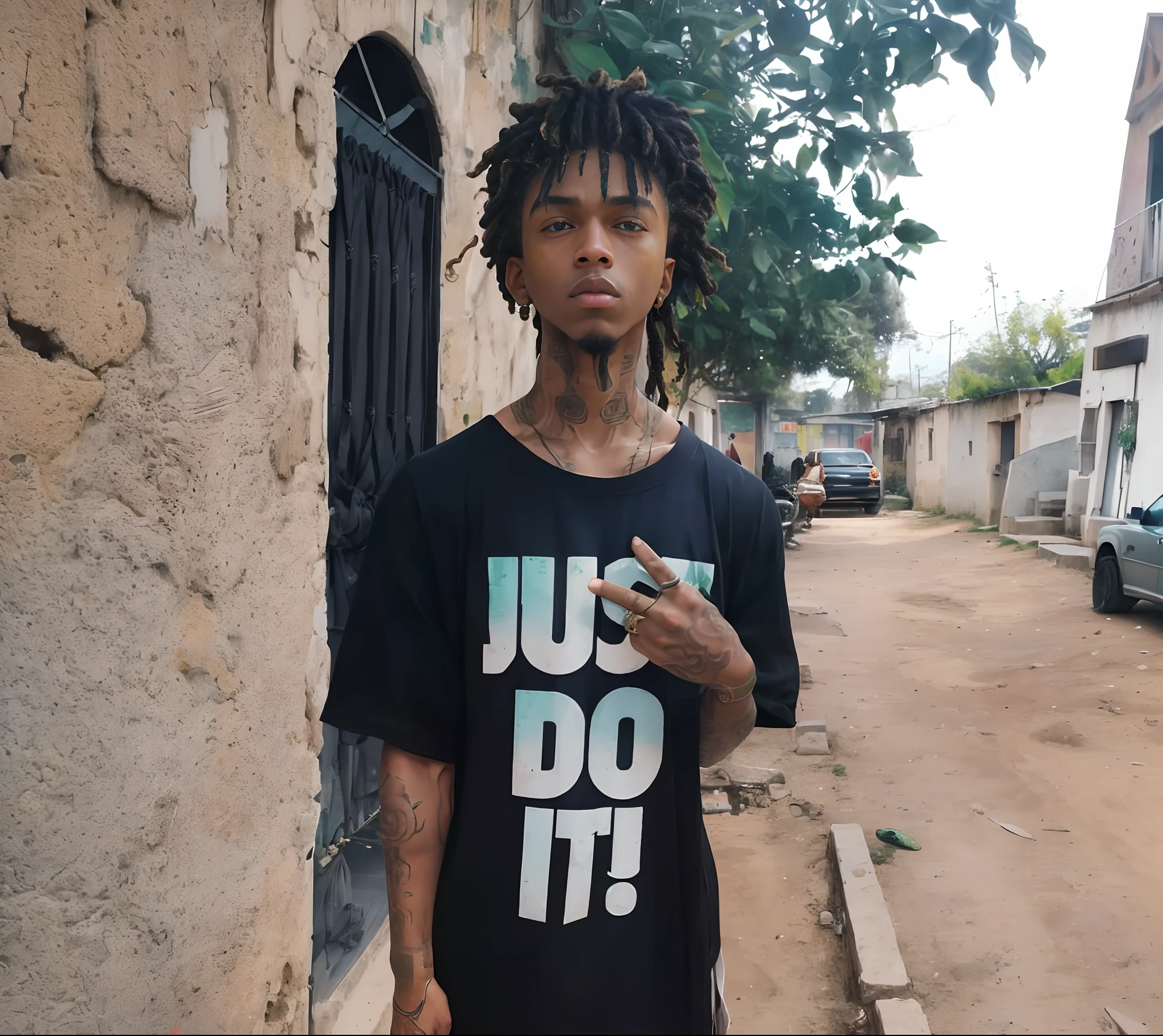 green:1.5, orange:1.1, white:1.3, yellow:1.3, (rapper with dread hair),tattoos, (power puffer clothes:1.2),abstract lines and circles background