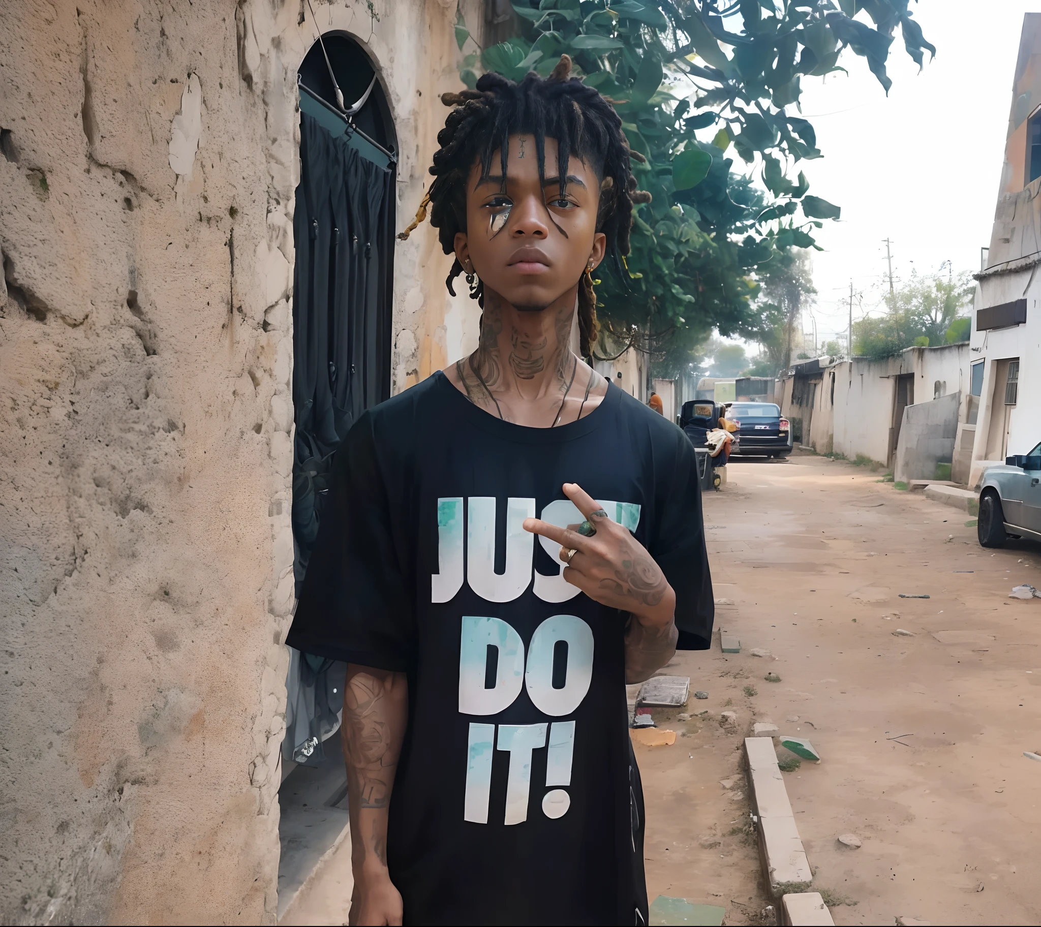 green:1.5, orange:1.1, white:1.3, yellow:1.3, (rapper with dread hair),tattoos, (power puffer clothes:1.2),abstract lines and circles background