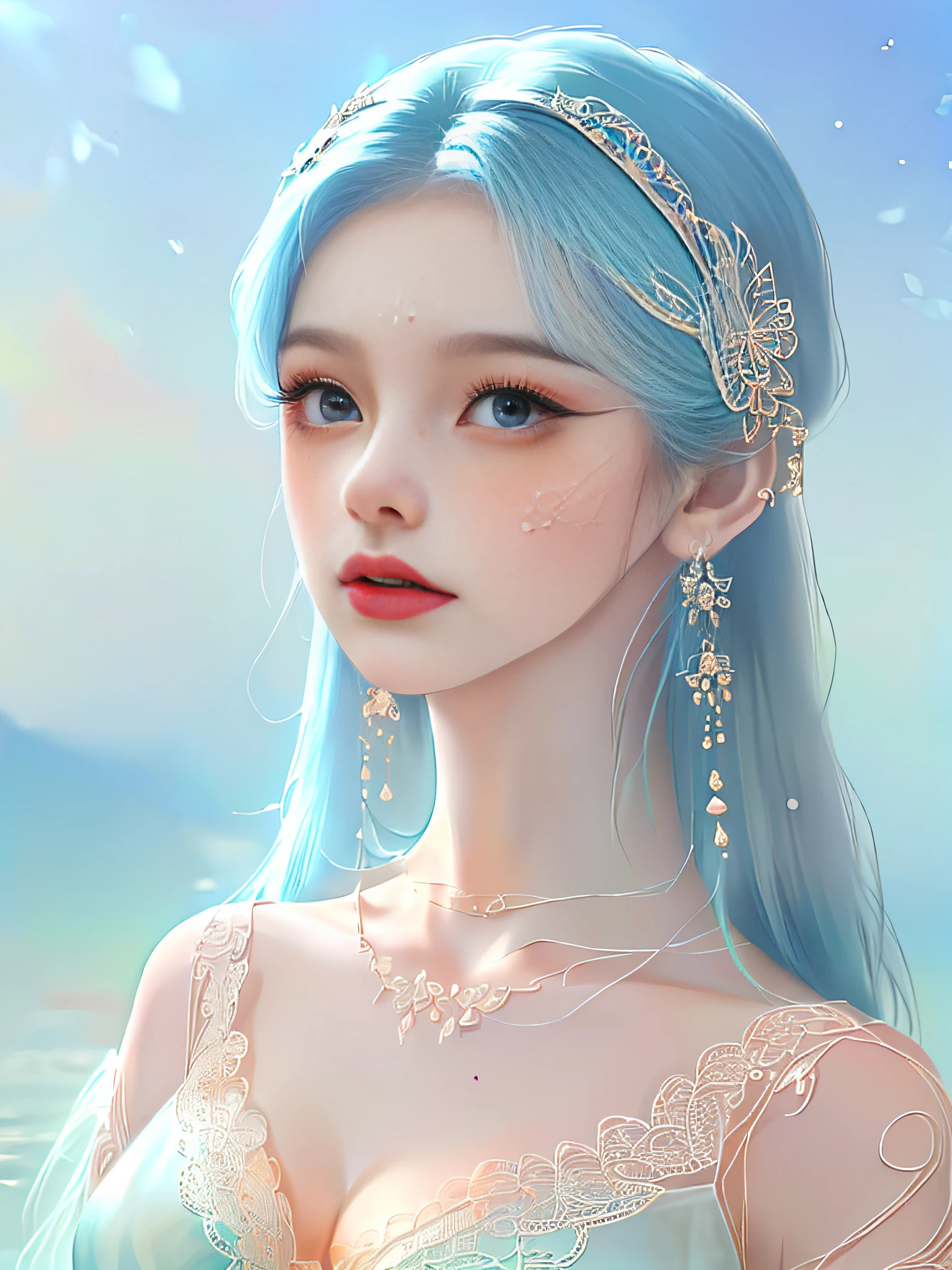 A cute and beautiful girl，Big eyes of the water spirit，lovely and delicate，Peerless beauty，Delicate hair accessories，pitying，（messy  hair），lacy clothing，Supple skin，Fashionab，A delicate painting，Clover hairpins，Blue，Ultra-high image quality，8K，depth of fields，（Macro lens），Ambient lighting，high light，Upper body animation style,Comics,High quality above the waist