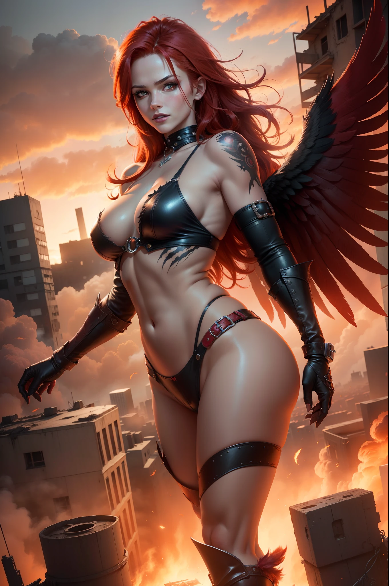 «Photorealistic image of a wicked sexy fallen angel with ruby red wings spread out majestically, fiery hair, and skimpy leather outfit. She floats down with an evil grin through the smoke filled burnt orange sky overlooking a war-torn apocalyptic city. Detailed feathers, dramatic lighting, depth of field, Canon 5D SR lens, 8K»