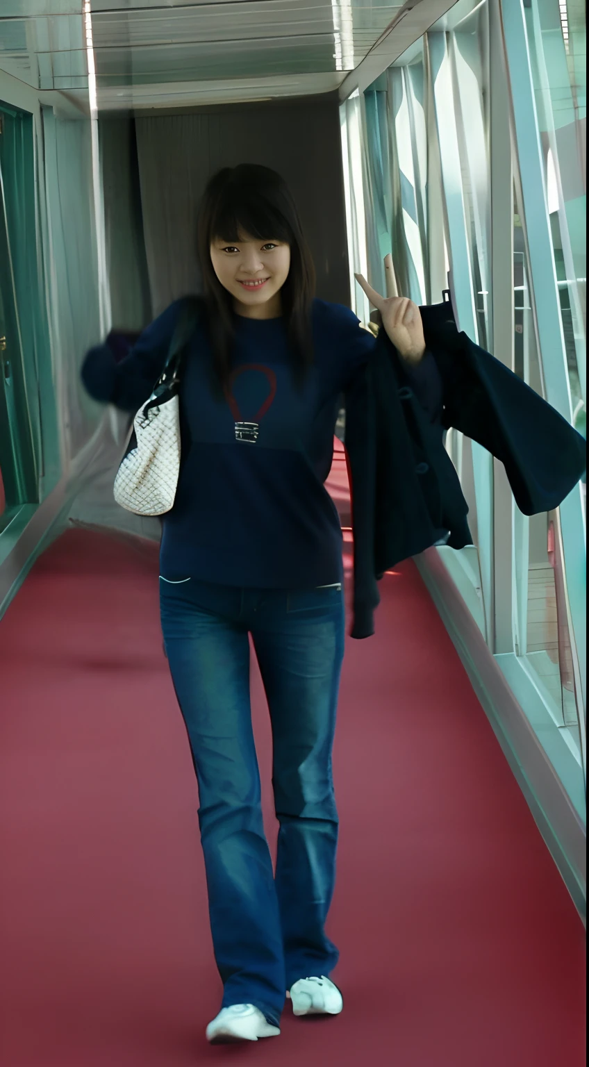 Araved woman walks down the hallway with handbag and jacket, krystal, full-body xianxia, jia, park jimin, bae suzy, appearing in a shopping mall, kawaii shirt and jeans, in mall, Photo ( far _ Shot ), Korean girl, ( ( ( Wearing jeans ) ) ), ji-min, Lee Ji-eun