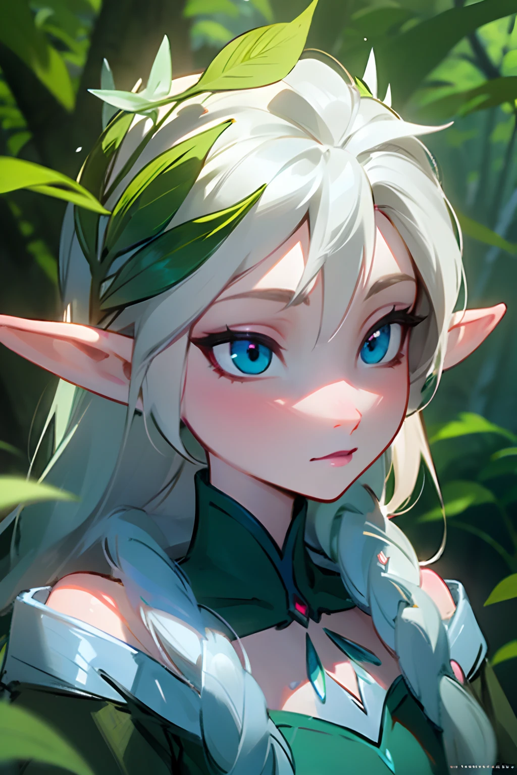 Elsa, Elsa, frozen Elf ears, elf leaf dress, forest, elf, green dress, looking at camera, deep forest, fantasy