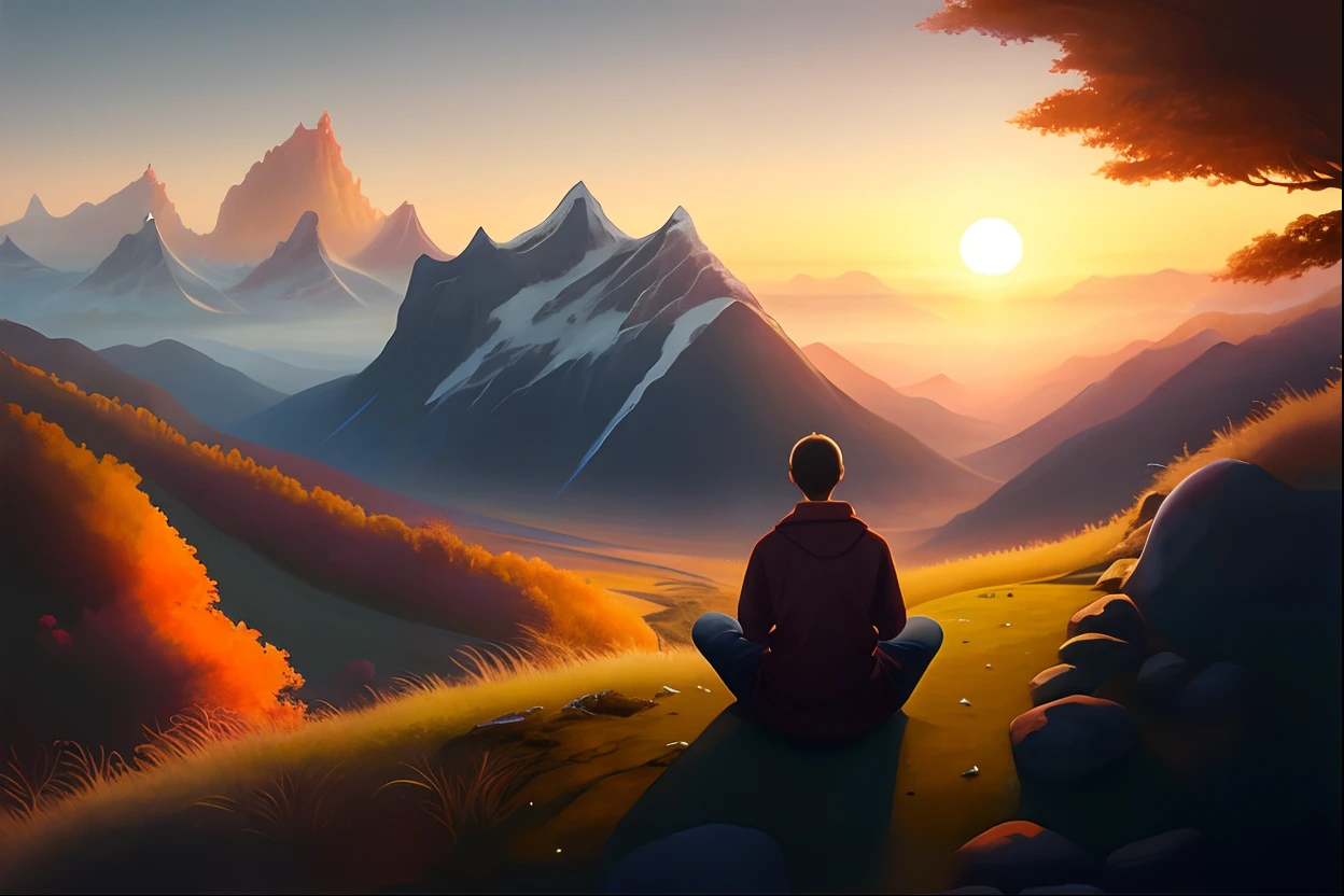 pintura de um homem sentado em uma colina olhando para as montanhas, arte conceitual relaxante, arte de fundo, Meditando, meditation, inspirado em Cyril Rolando, serene illustration, ambiente tranquilo, Cyril Rolando e Goro Fujita, arte conceitual | RHADS, paper awesome wallpaper, por RHADS, Makoto Shinkai Cirilo Rolando, hindu stages of meditation, ambiente sereno