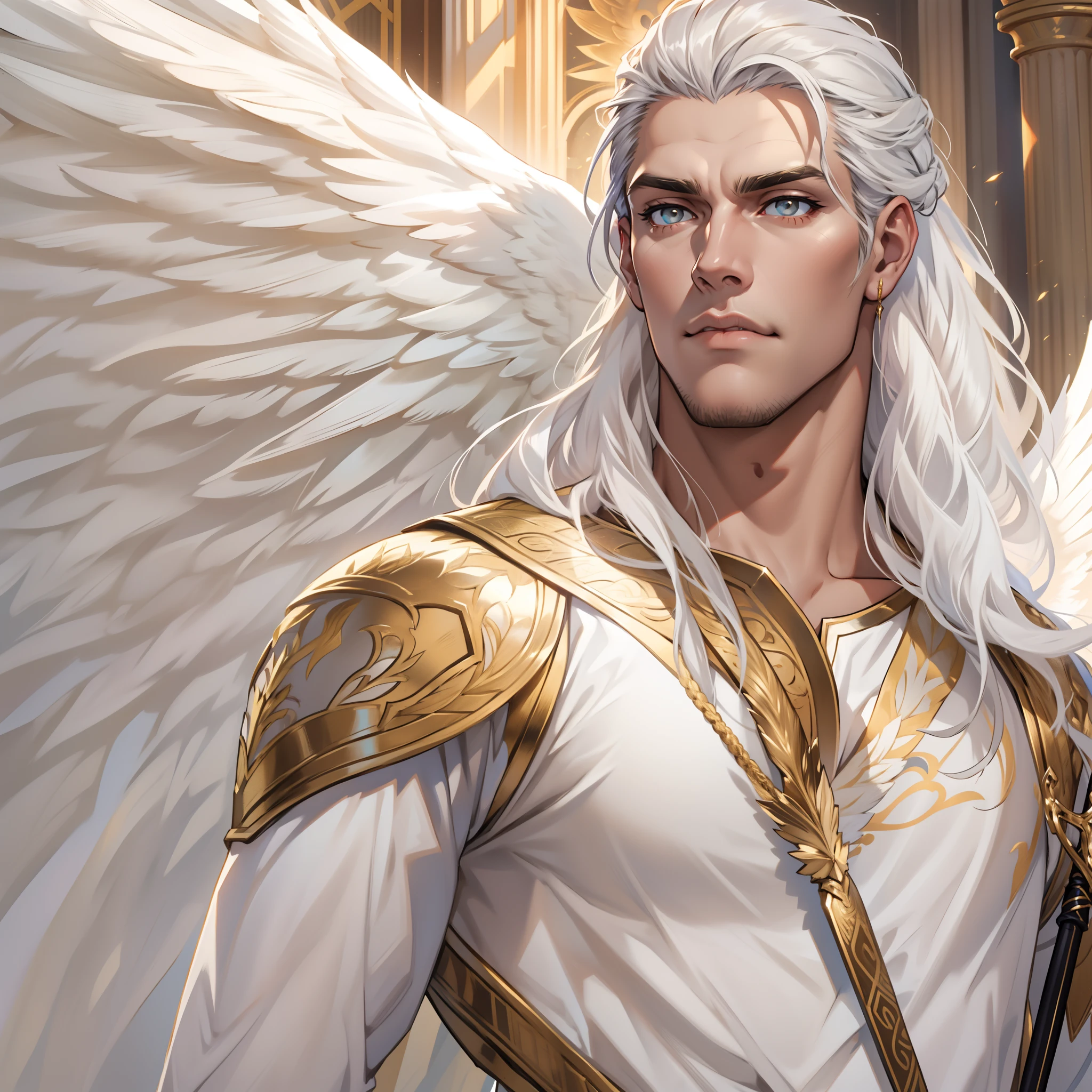 Caius is a handsome male, stands at 7ft tall. He has an athletic body structure. He wears royal attire thats silver and gold. He has beautiful long white silky hair and a golden eye color. He is seen with a staff. He has huge white wings. A big bulge in his pants. White Phoenix human form. His hair is braided back. Bara. Roman nose. Muscular. Defined jawline. Palace