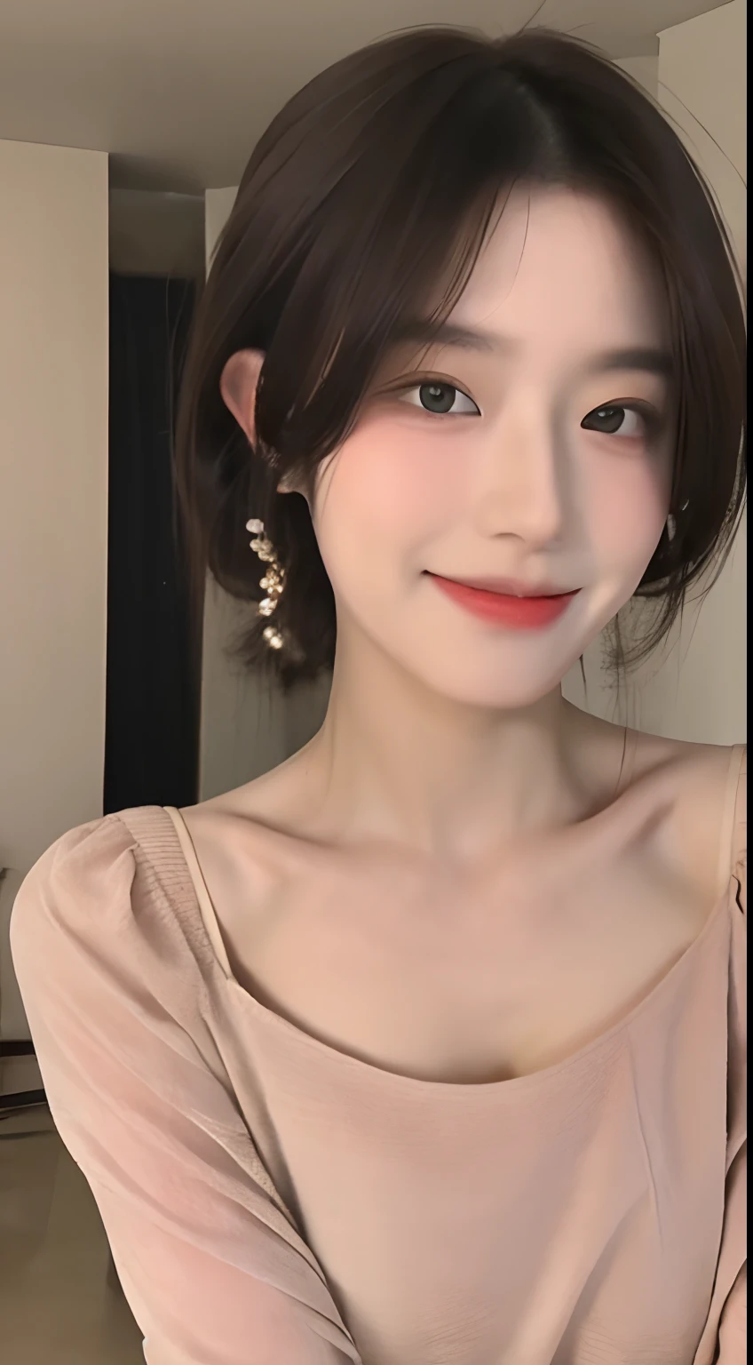 ((Best Quality, 8K, Masterpiece: 1.3)), 1girl, Slim Abs Beauty: 1.3, (Hairstyle Casual, Big Breasts: 1.2), Dress: 1.1, Super Fine Face, Delicate Eyes, Double Eyelids, Smile, Home