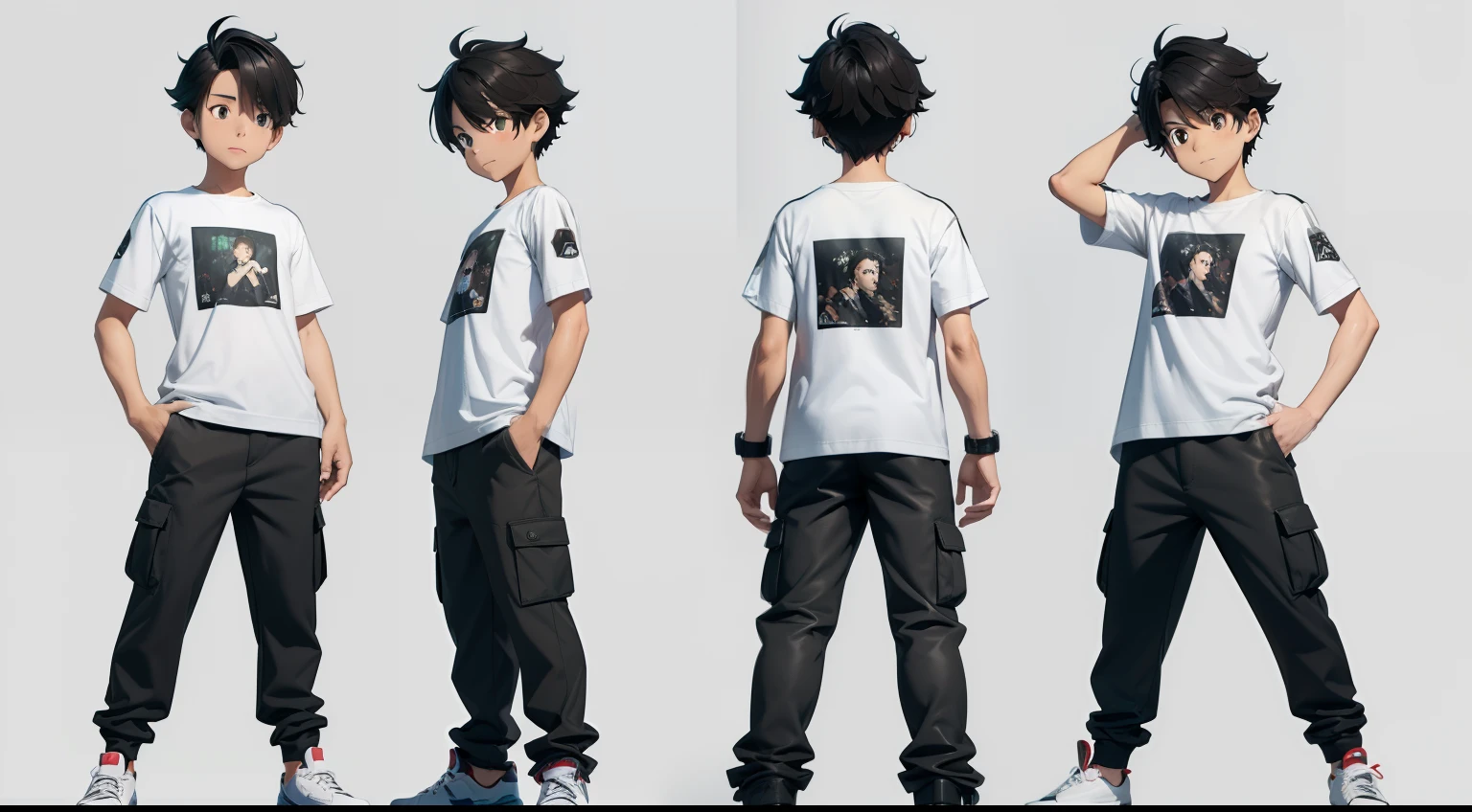 A wave black haired boy, 11 years old, brown eyes , 3d game style, multiple expressions and poses,
character sheet, full body, white T-shirt, green cargo pants, white shoes